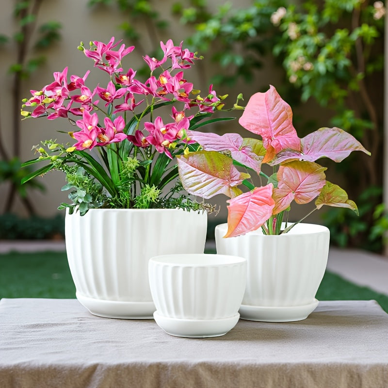 3pcs 6-inch 5-inch 4-inch Large, Medium And Small Corrugated Pattern Ceramic Flower Pot with Drainage Holes - Perfect for Indoor And Outdoor Succulents, Vanilla And Flowers, Casual Style, Round Design