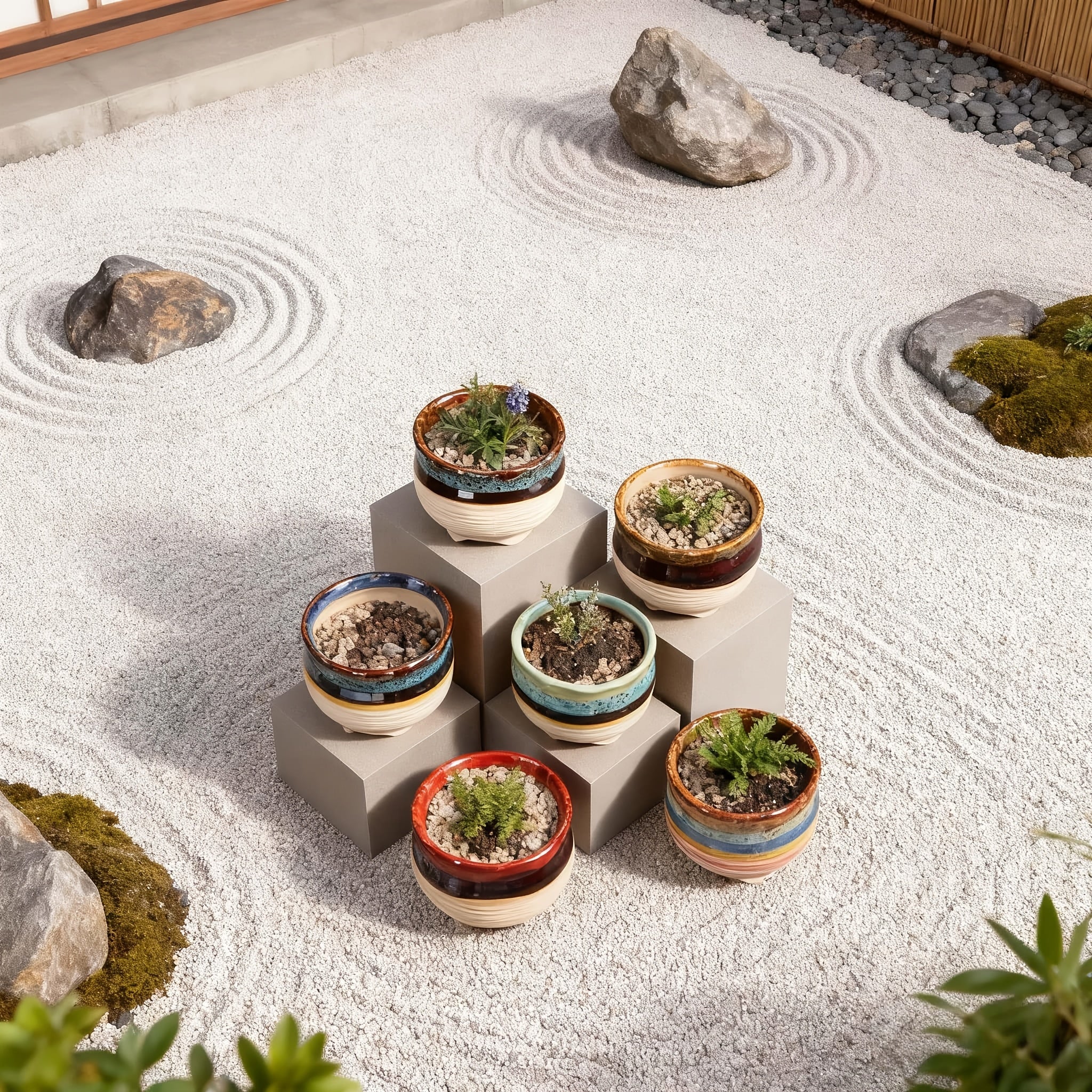 6pcs Handmade Ceramic Vase with Drainage Holes - Color-Block Striped Glazed Planters Suitable for \u002FOutdoor Use, Modern Round Pots for Succulents, Herbs, Flowers - Polished Ceramic Vases with Drainage (6pcs Set)