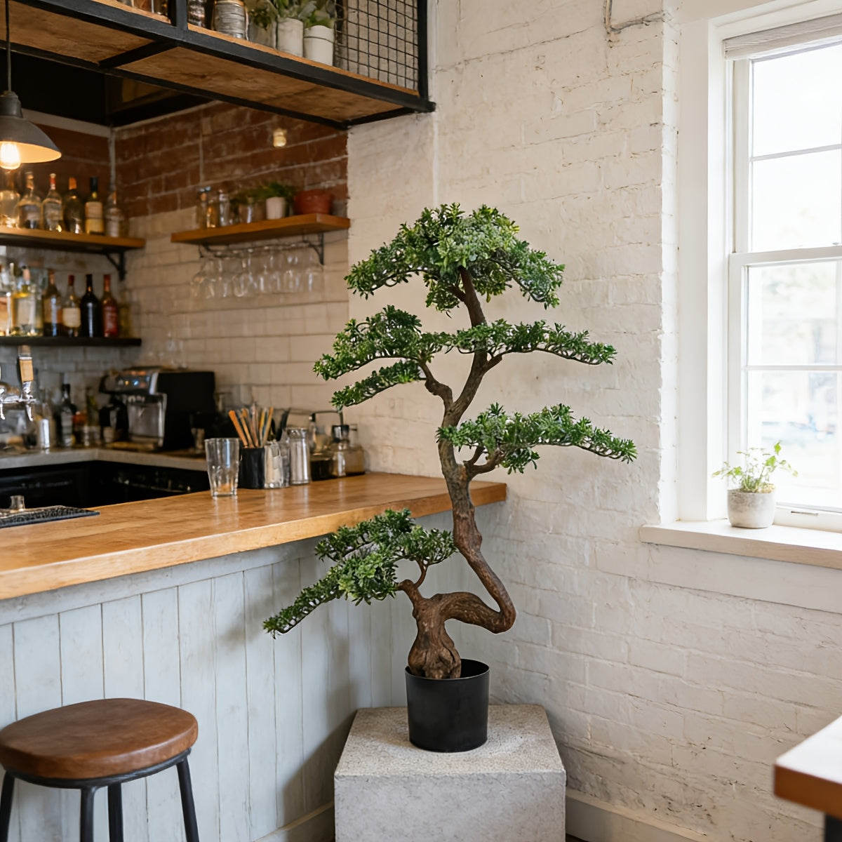 Artificial Pine Tree Plant with Realistic Natural Trunk & Plastic Planter Base Suitable for Home Office Indoor Outdoor Decor, -Standing Fake Pine for - Decoration, Faux Evergreen Tree for Housewarming Gift