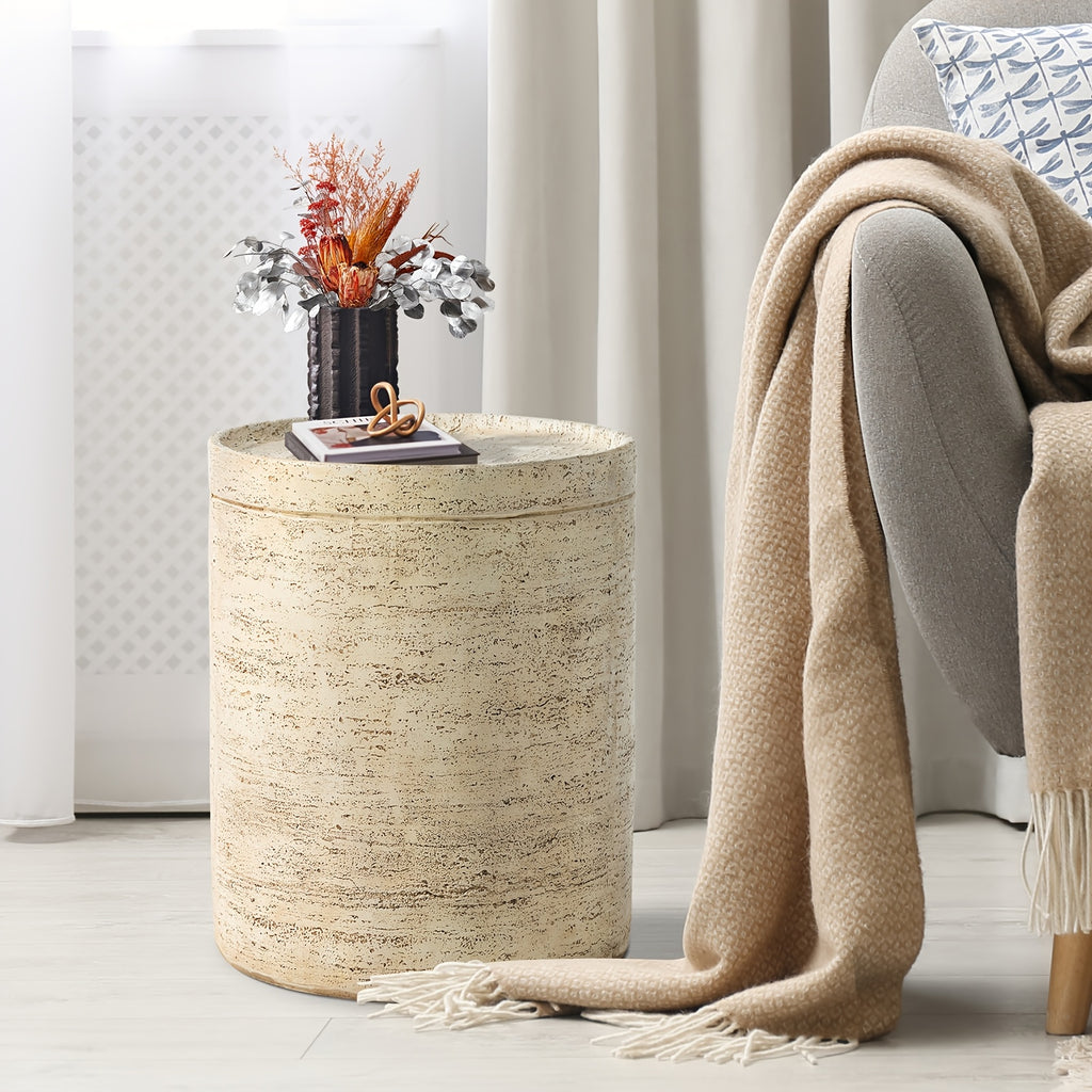 Outdoor Accent Table, Concrete Side Table for Patio, Mediterranean Style with Artificial Wood Base and Marble-like Top, 14\