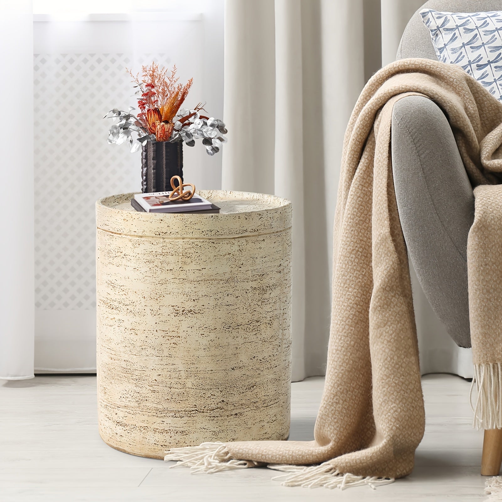 Outdoor Accent Table, Concrete Side Table for Patio, Mediterranean Style with Artificial Wood Base and Marble-like Top, 14\