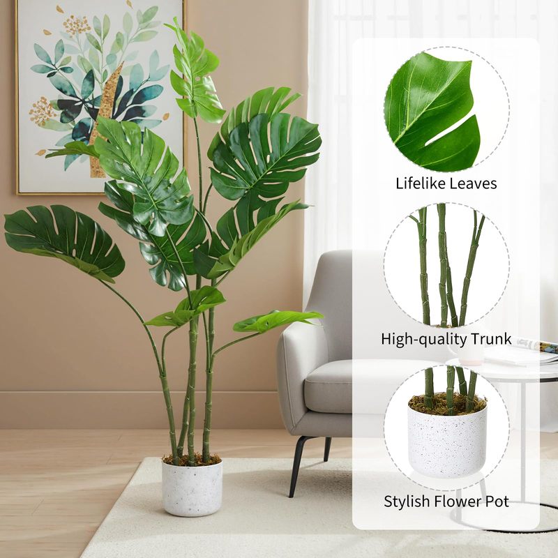 3.5ft Artificial Monstera Deliciosa Tree with 10 Lush Green Leaves, Potted Faux Plant for Indoor and Outdoor Living Room or Office Dration