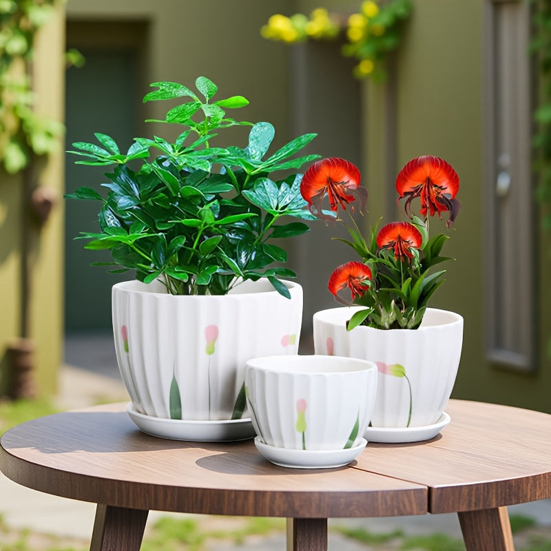 3pcs 6-inch 5-inch 4-inch Large, Medium And Small Corrugated Pattern Ceramic Flower Pot with Drainage Holes - Perfect for Indoor And Outdoor Succulents, Vanilla And Flowers, Casual Style, Round Design