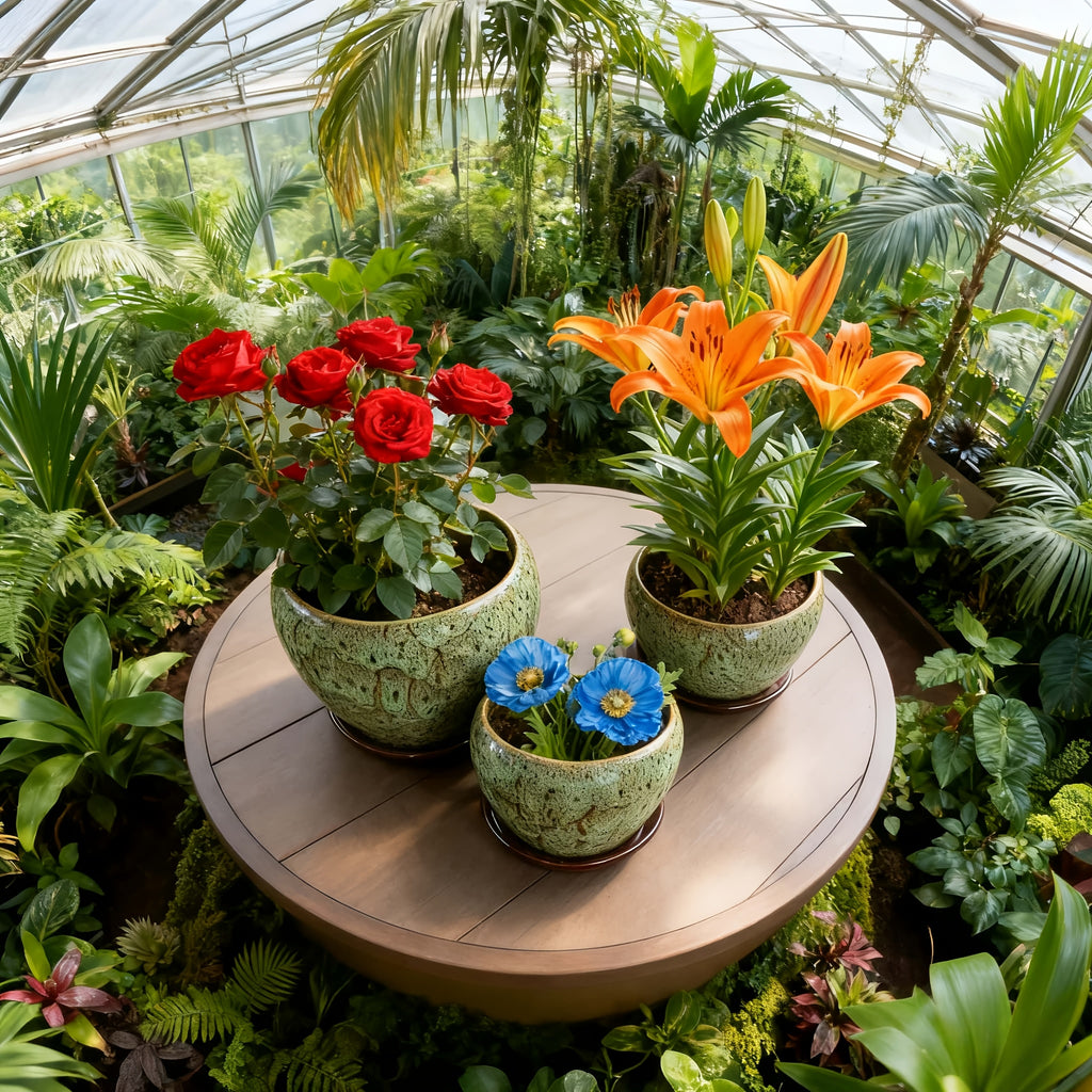 High-end Artisanal Handmade Crackled Moss Glaze Ceramic Flower Pot Set Of Three - Luxury Handcrafted Textured High-end Planter for Foliage And Orchids