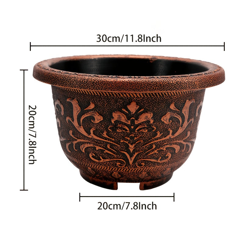 4pcs 11.8in Thickened Resin Planter Pots | 2025 European Design with Ancient Copper\u002FGolden Finish & Drainage Holes | for Indoor\u002FOutdoor Trees, Succulents, Cactus
