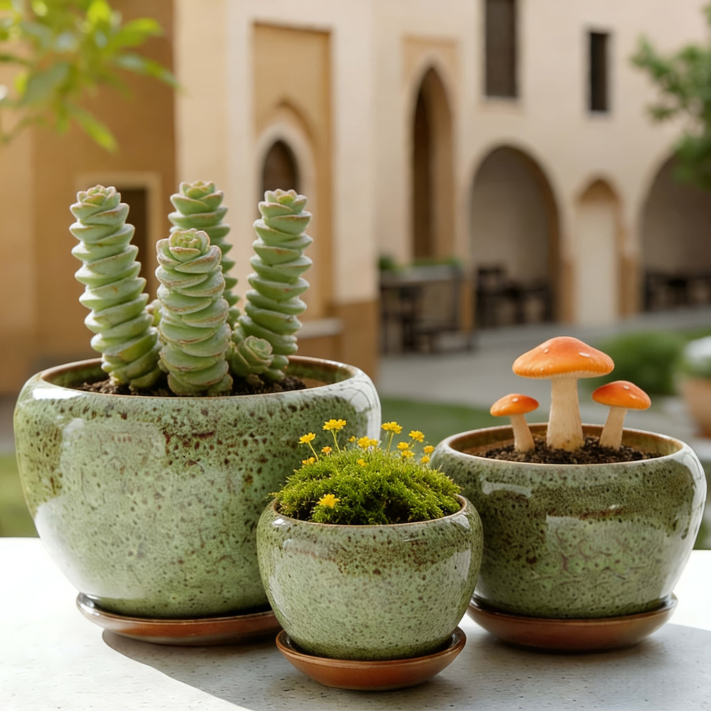 High-end Artisanal Handmade Crackled Moss Glaze Ceramic Flower Pot Set Of Three - Luxury Handcrafted Textured High-end Planter for Foliage And Orchids