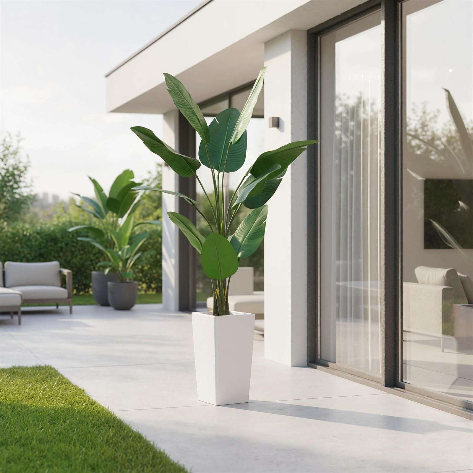 4.65ft Tall Artificial Banana Tree Plant Suitable for Home, Patio, Office - Realistic Faux Bird of Paradise with Banana Leaves & White Planter, Indoor\u002FOutdoor Low-Maintenance Tropical Floor Decor, Fake Tree for Housewarming Gift