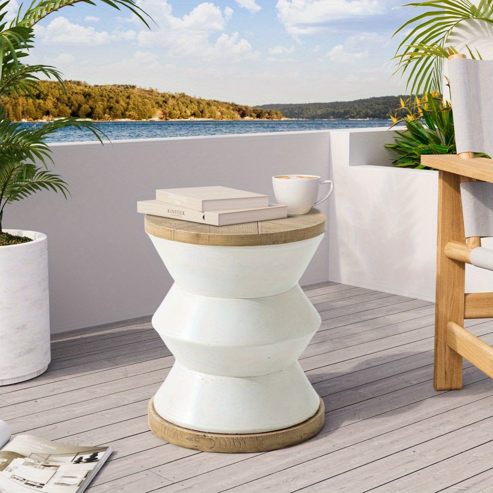 White Outdoor Side Table Made of Concrete, Perfect for Patios. This 14-Inch Accent Table Can Serve As an End Table Or a Garden Stool