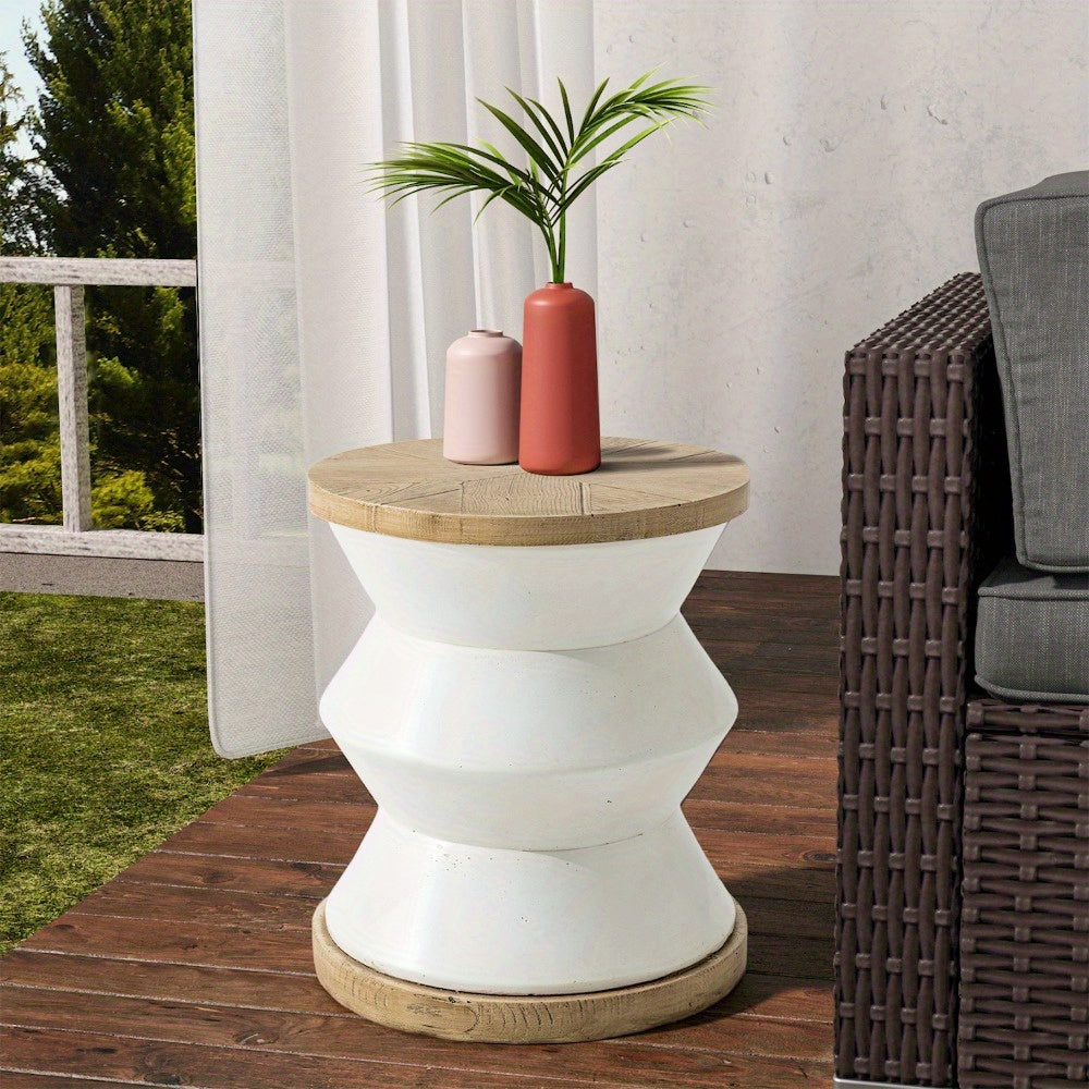 White Outdoor Side Table Made of Concrete, Perfect for Patios. This 14-Inch Accent Table Can Serve As an End Table Or a Garden Stool