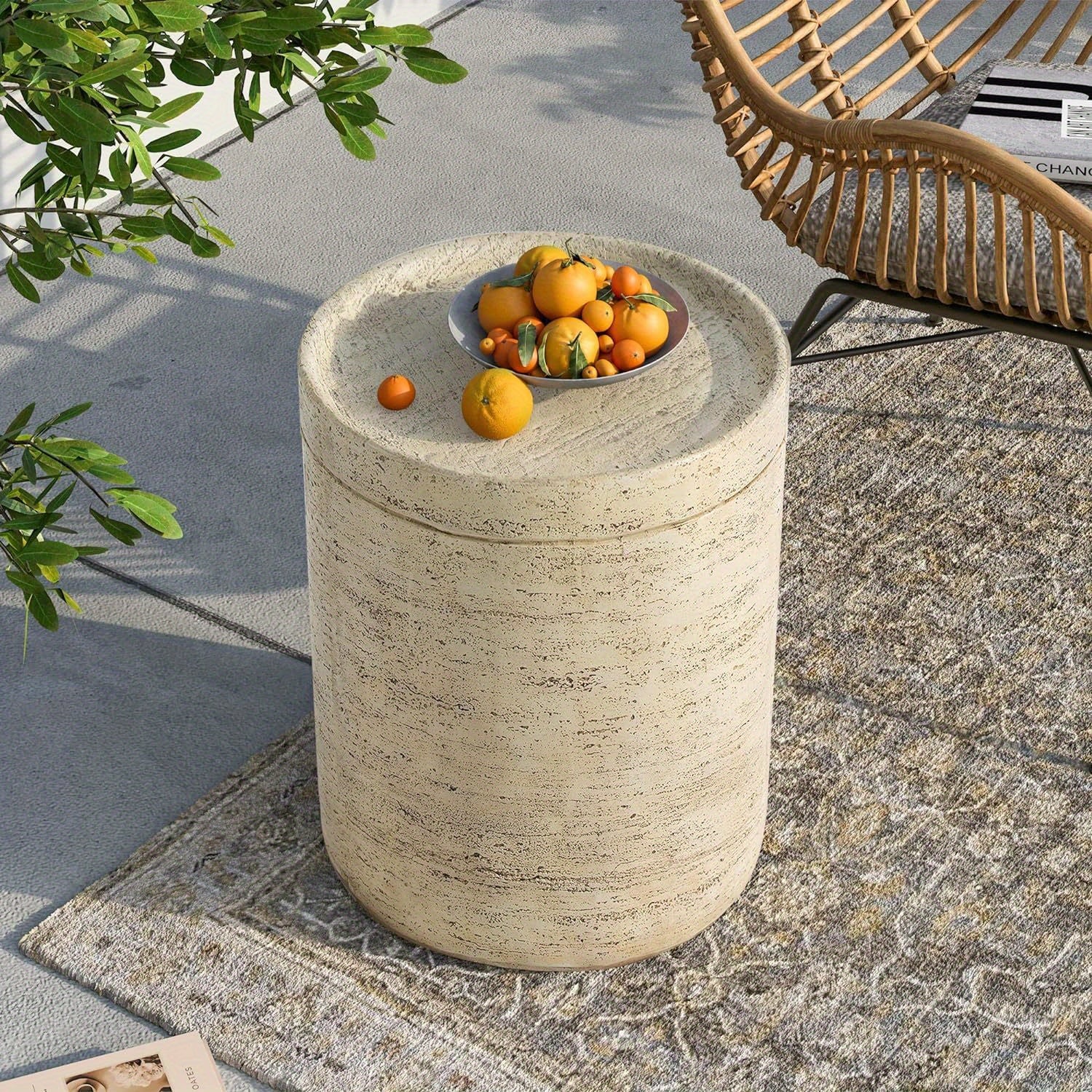 Outdoor Accent Table, Concrete Side Table for Patio, Mediterranean Style with Artificial Wood Base and Marble-like Top, 14\
