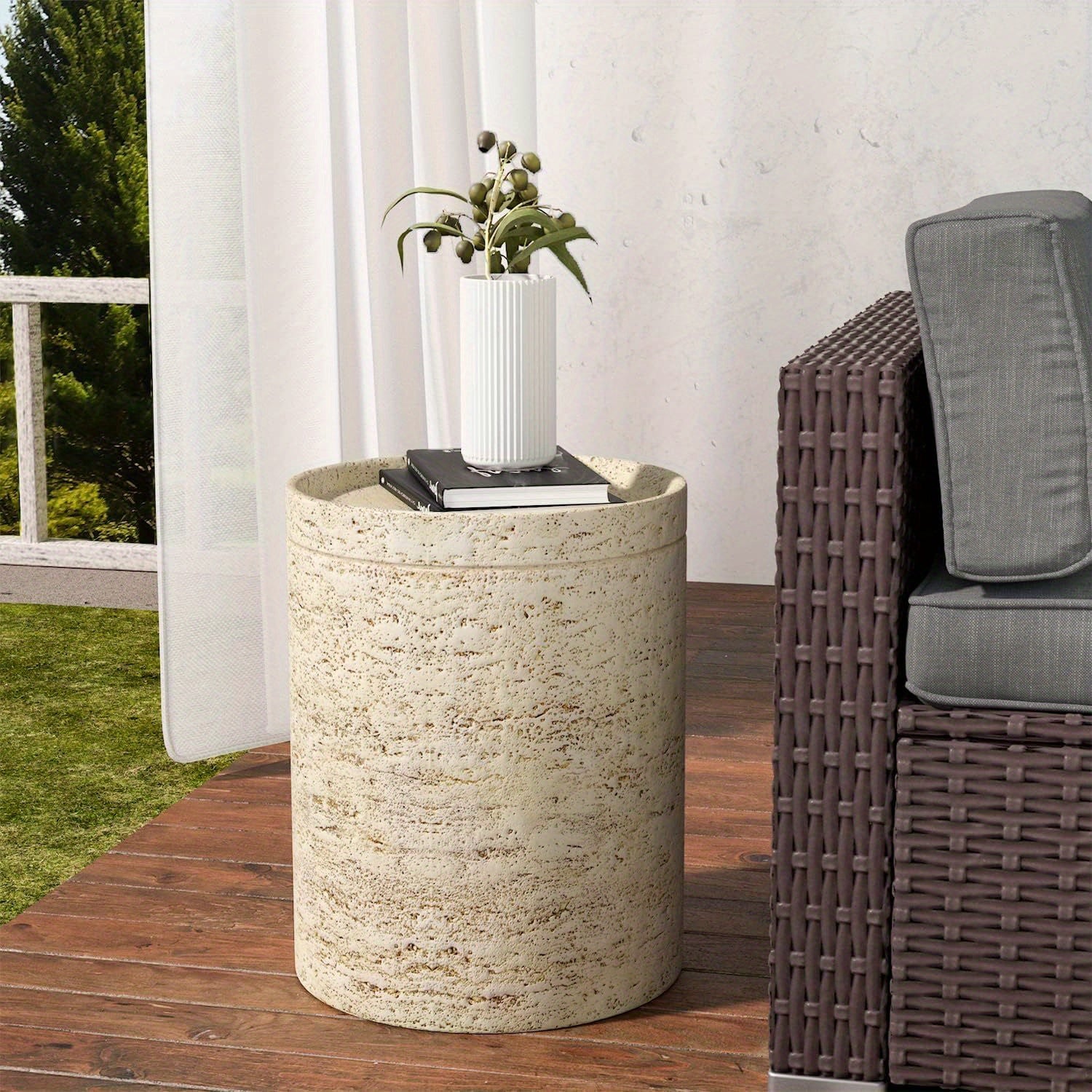 Outdoor Accent Table, Concrete Side Table for Patio, Mediterranean Style with Artificial Wood Base and Marble-like Top, 14\