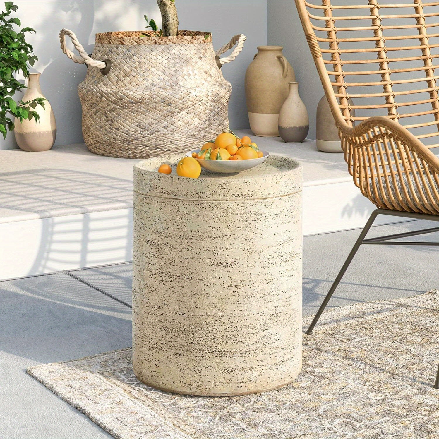 Outdoor Accent Table, Concrete Side Table for Patio, Mediterranean Style with Artificial Wood Base and Marble-like Top, 14\