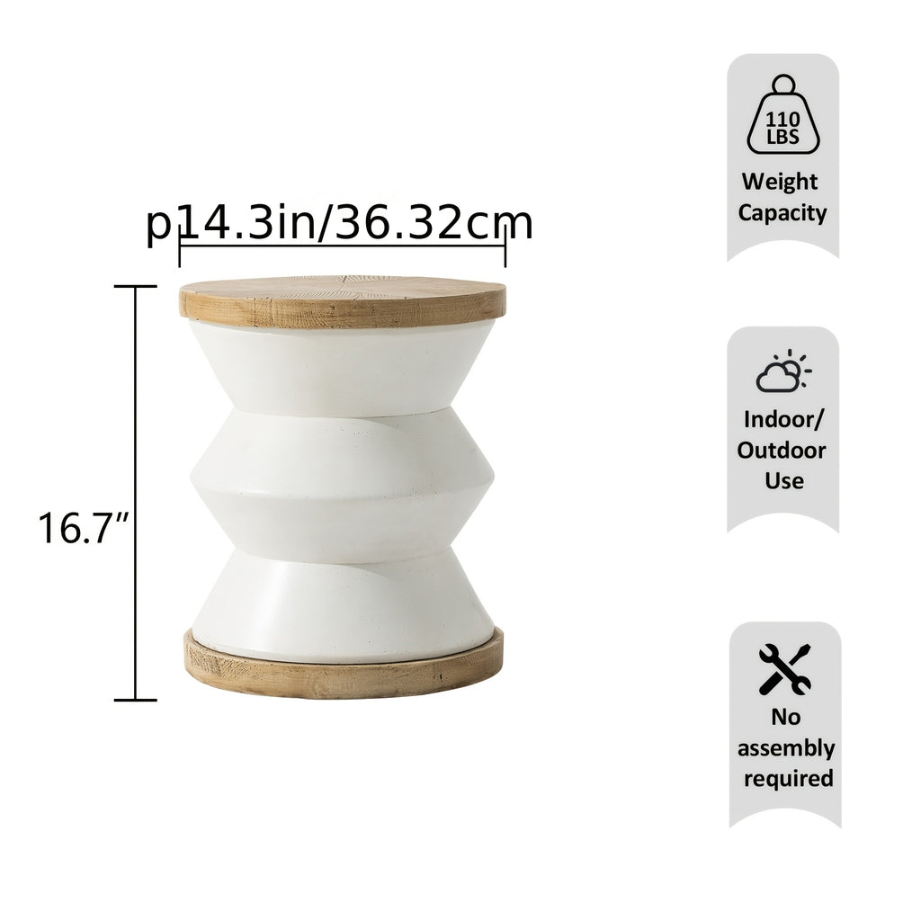 White Outdoor Side Table Made of Concrete, Perfect for Patios. This 14-Inch Accent Table Can Serve As an End Table Or a Garden Stool
