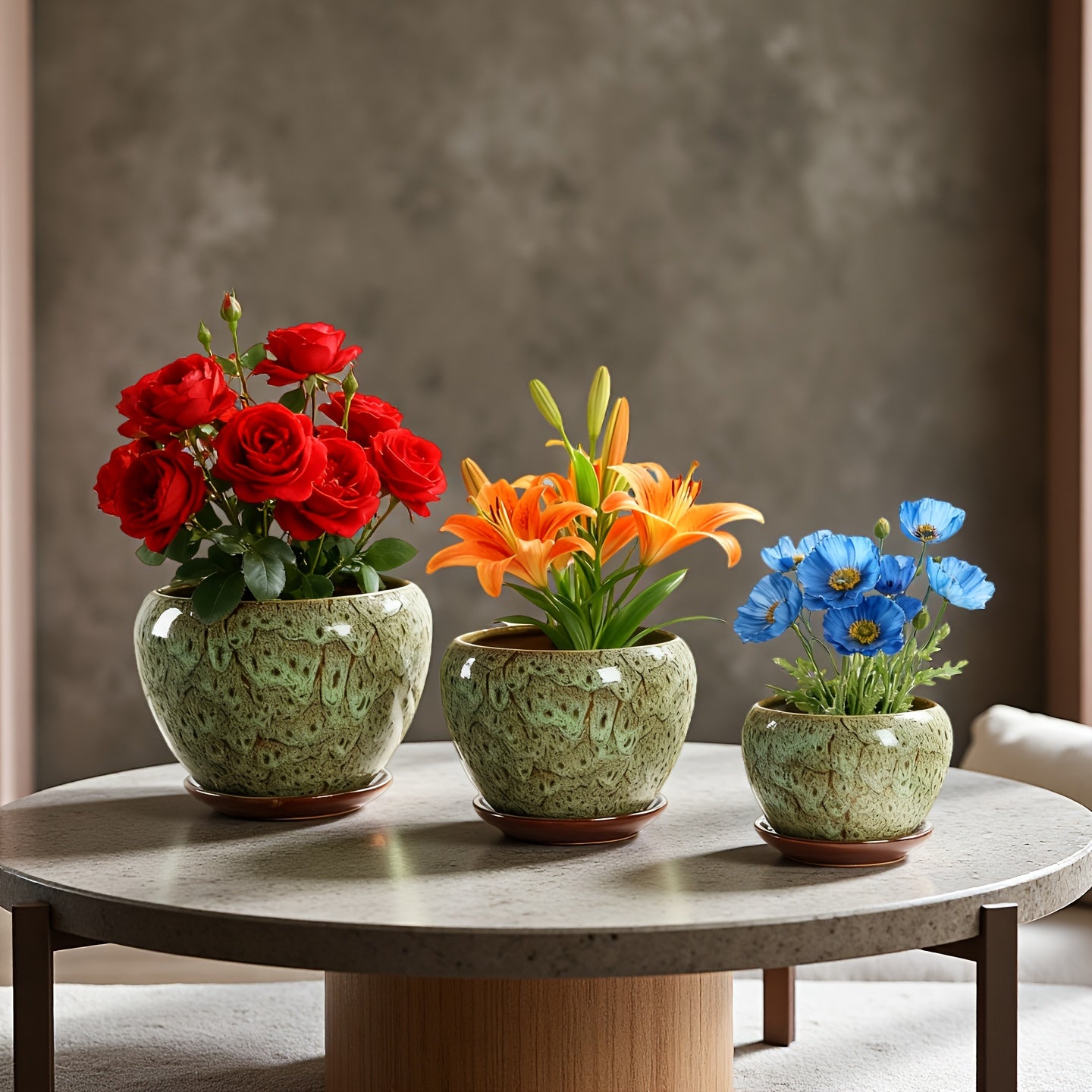 High-end Artisanal Handmade Crackled Moss Glaze Ceramic Flower Pot Set Of Three - Luxury Handcrafted Textured High-end Planter for Foliage And Orchids