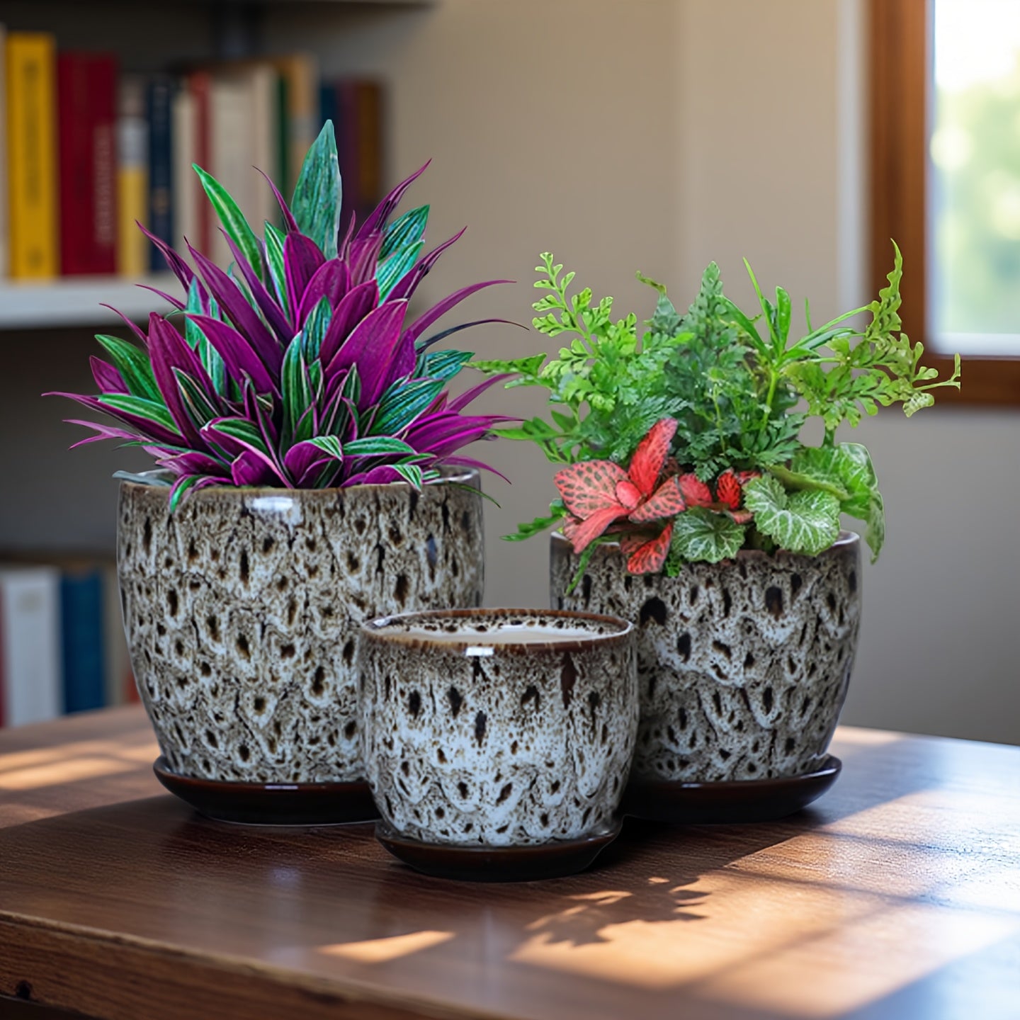 Artistic Flower Pot Set Multi-color Retro Ceramics With Tray Indoor Green Plants And Flower Planting Decoration Boutique Creative Texture Flower Pot Combination Retro Style Ceramic Three-piece Set