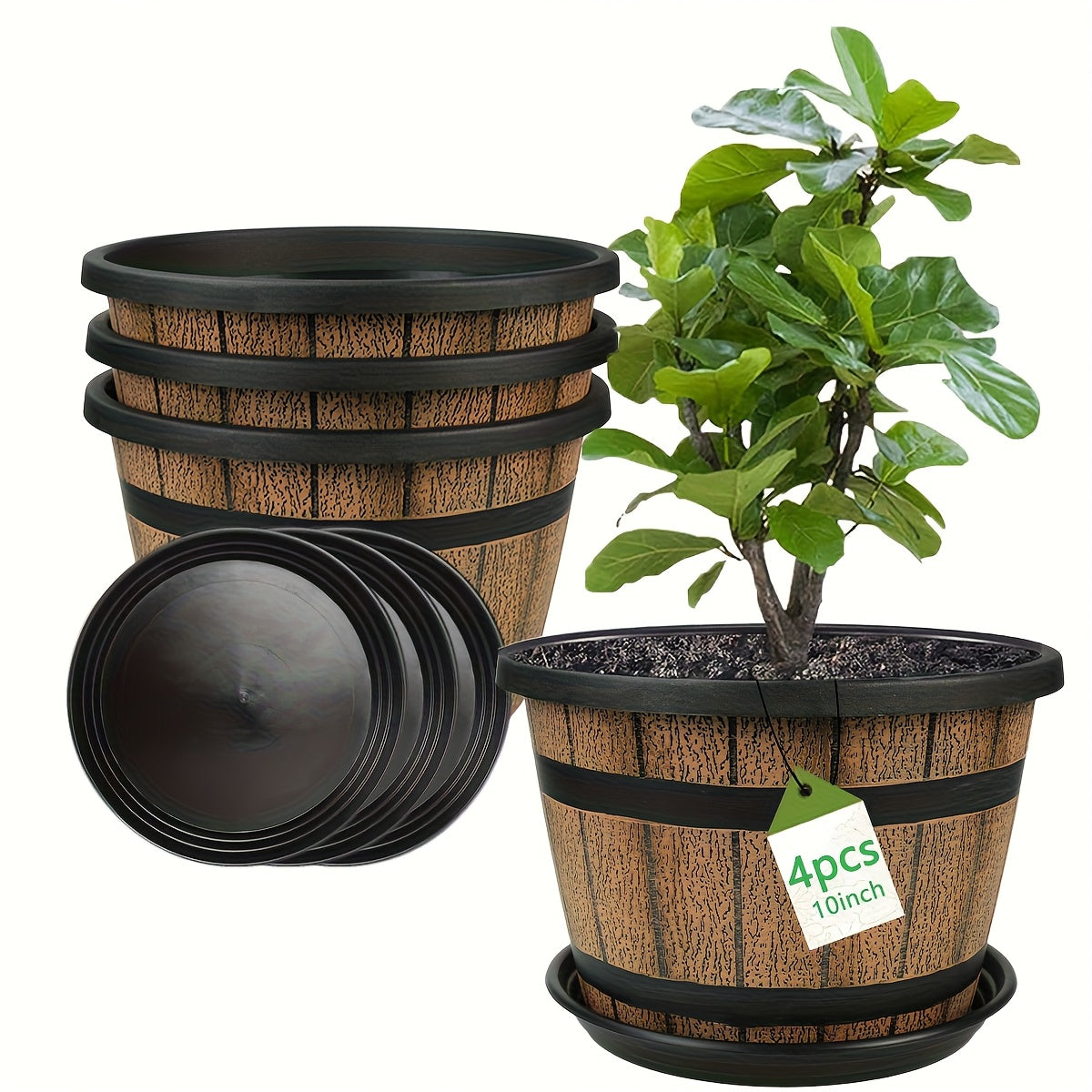 4pcs Rustic Whiskey Barrel Planter Set with Saucers - Vintage Resin Indoor\u002FOutdoor Flower Pots with Drainage Holes, Realistic Wood Grain Barrel Planters for Herbs, Succulents, Flowers (Brown Imitation Wood)
