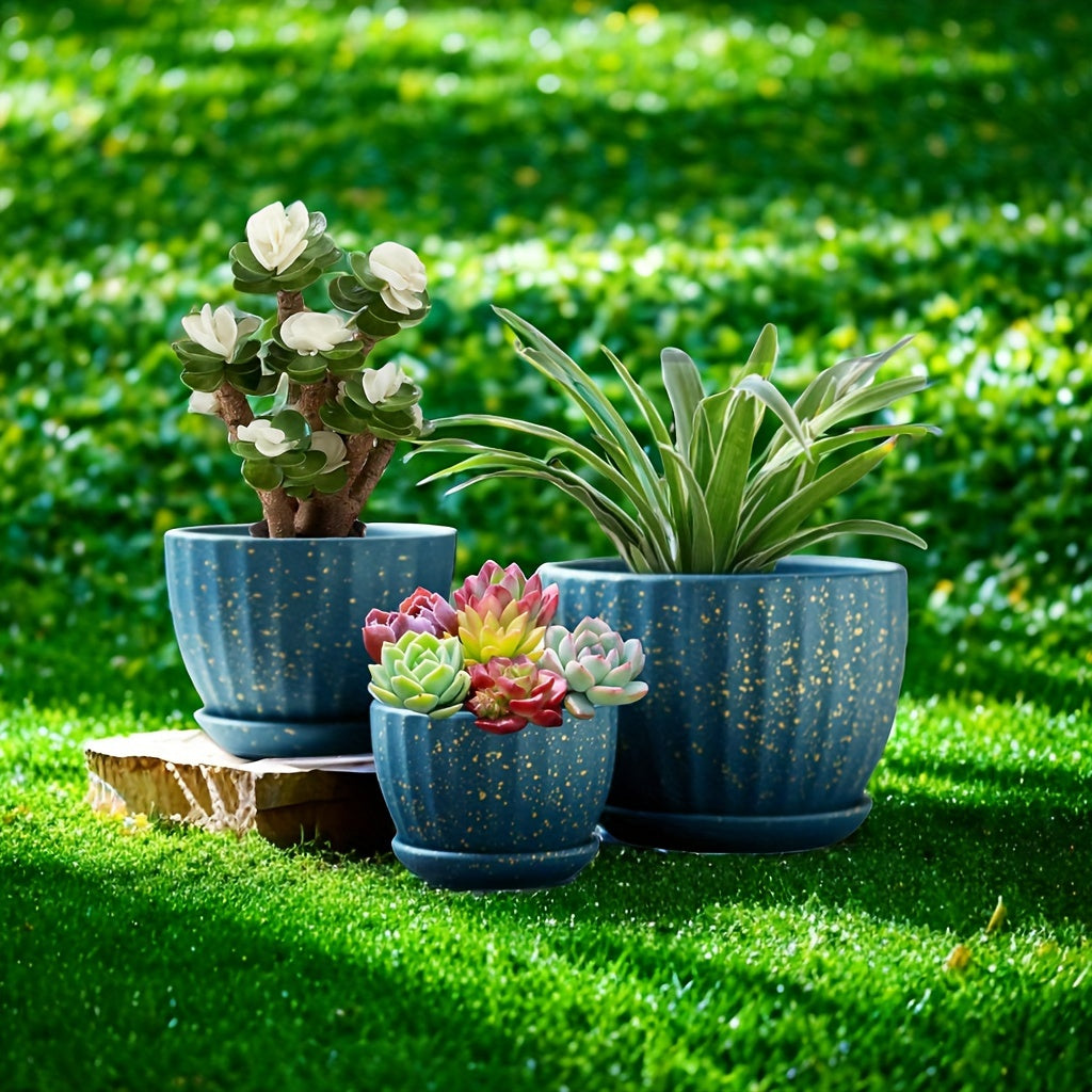 3pcs 6-inch 5-inch 4-inch Large, Medium And Small Corrugated Pattern Ceramic Flower Pot with Drainage Holes - Perfect for Indoor And Outdoor Succulents, Vanilla And Flowers, Casual Style, Round Design