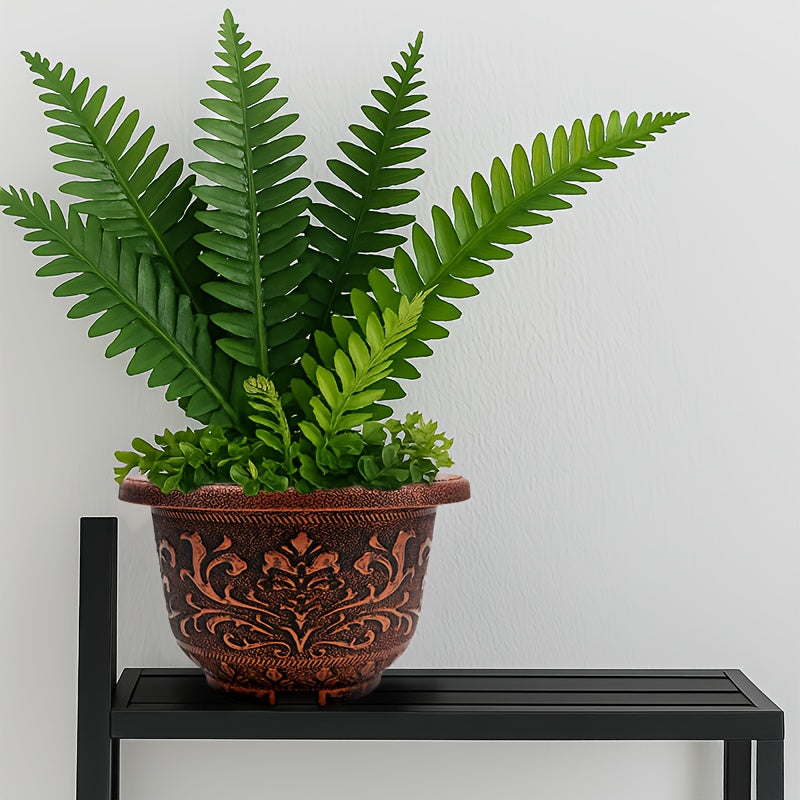 4pcs 11.8in Thickened Resin Planter Pots | 2025 European Design with Ancient Copper\u002FGolden Finish & Drainage Holes | for Indoor\u002FOutdoor Trees, Succulents, Cactus