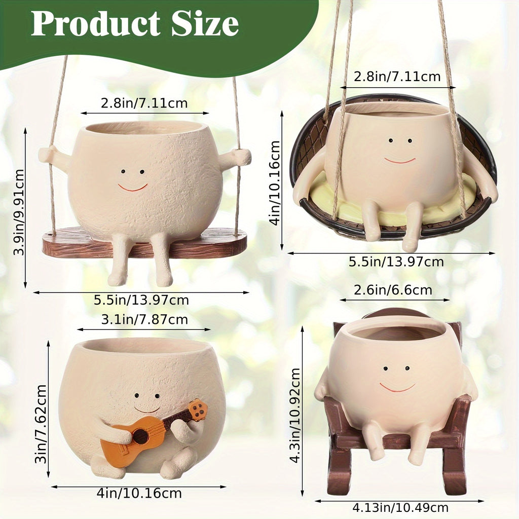 4 Pack Smile Face Ceramic Planter Pot | Small Hanging Swinging Planter Cute Holder for Indoor and Outdoor Plants, Funny Swing Gifts, Lightweight, Unfinished, Tabletop Mounting, Flowers Compatible - MEONUM