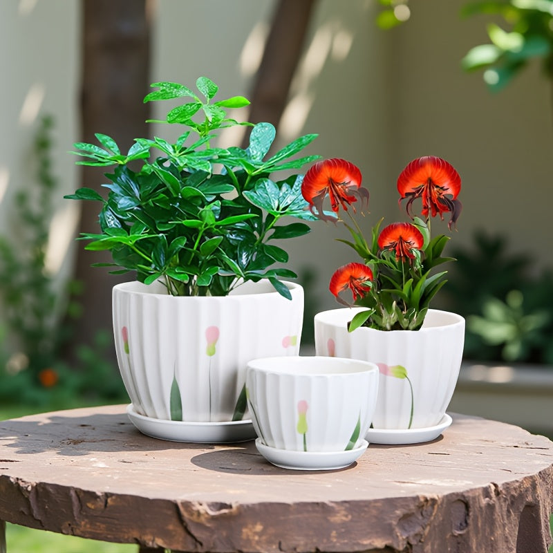 3pcs 6-inch 5-inch 4-inch Large, Medium And Small Corrugated Pattern Ceramic Flower Pot with Drainage Holes - Perfect for Indoor And Outdoor Succulents, Vanilla And Flowers, Casual Style, Round Design