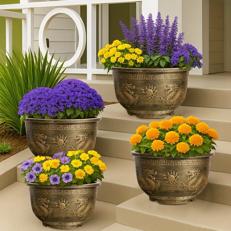 4pcs 15-Inch Resin Flower Pots Suitable for \u002FOutdoor - Thick Retro Square Planters with Drainage Holes, Rustproof Durable Painted Pots for Bonsai, Succulents, Cacti, Herbs, Topiary