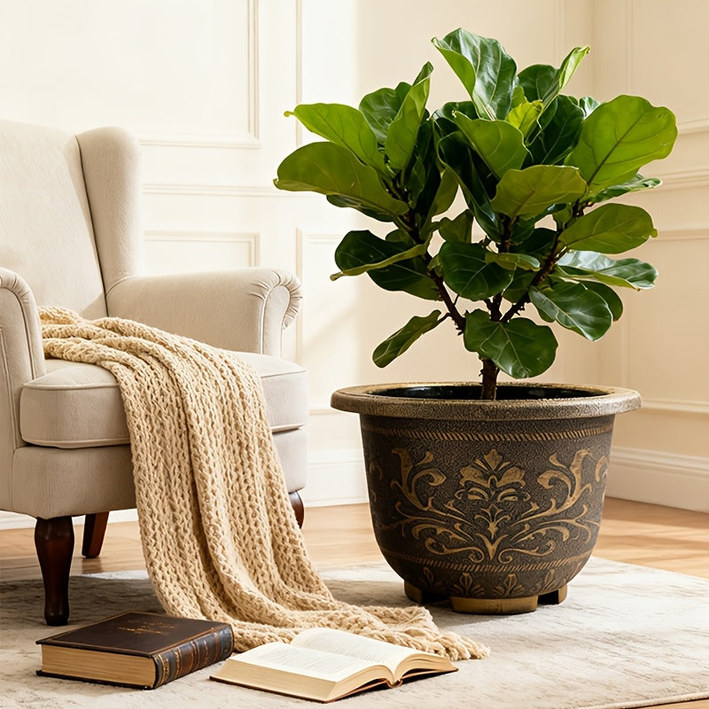 2pcs, 20Inch Vintage Style Resin Decorative Planters With Embossed Floral Pattern - Floor Mount Garden Pots Without Drainage Hole (Drillable)Suitable For Halloween And Christmas Decorations.