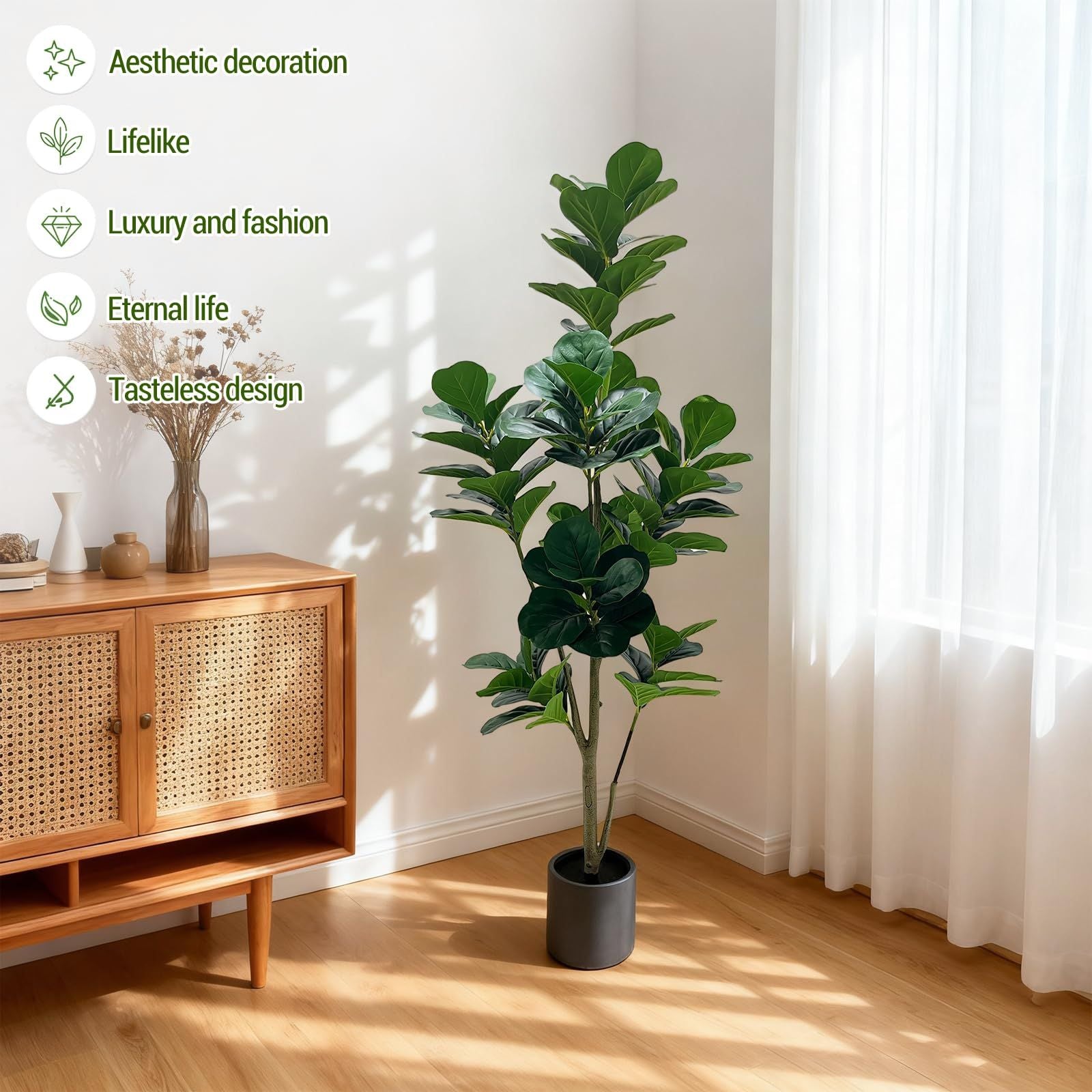 5ft Realistic Artificial Fiddle Leaf Fig Tree with Pot - Faux Ficus Lyrata Suitable for Indoor\u002FOutdoor Home Office Decor, Plastic Fiddle-Shaped Leaves, Low-Maintenance Year-Round Botanical Centerpiece for Modern Spaces