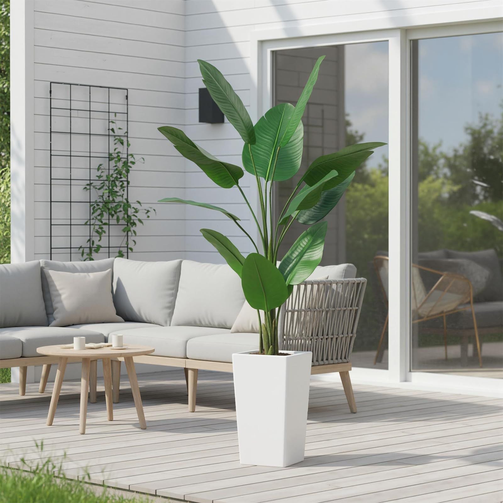 4.65ft Tall Artificial Banana Tree Plant Suitable for Home, Patio, Office - Realistic Faux Bird of Paradise with Banana Leaves & White Planter, Indoor\u002FOutdoor Low-Maintenance Tropical Floor Decor, Fake Tree for Housewarming Gift