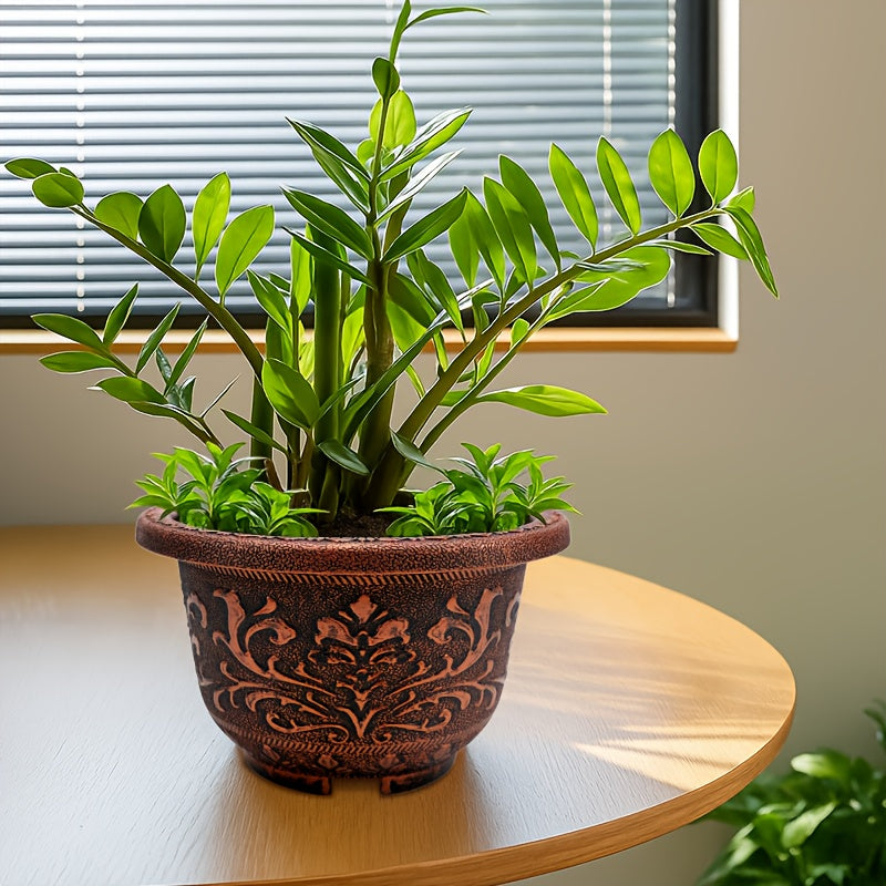 4pcs 11.8in Thickened Resin Planter Pots | 2025 European Design with Ancient Copper\u002FGolden Finish & Drainage Holes | for Indoor\u002FOutdoor Trees, Succulents, Cactus