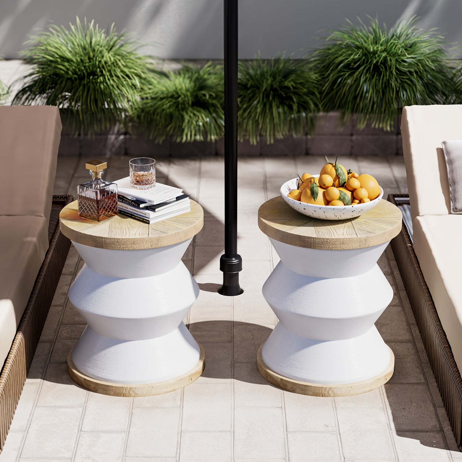 White Outdoor Side Table Made of Concrete, Perfect for Patios. This 14-Inch Accent Table Can Serve As an End Table Or a Garden Stool