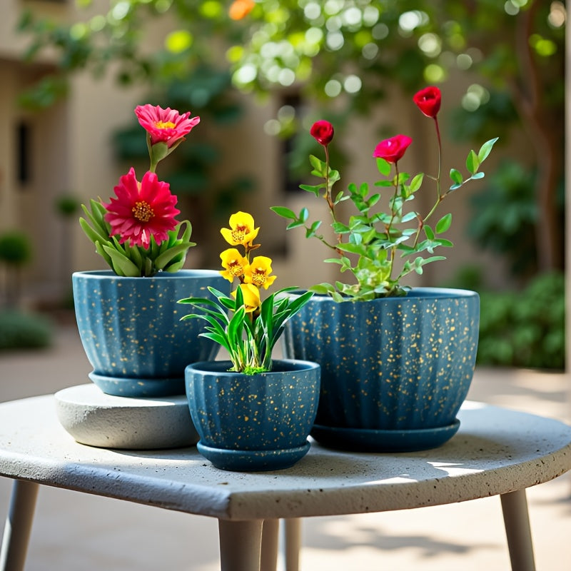 3pcs 6-inch 5-inch 4-inch Large, Medium And Small Corrugated Pattern Ceramic Flower Pot with Drainage Holes - Perfect for Indoor And Outdoor Succulents, Vanilla And Flowers, Casual Style, Round Design