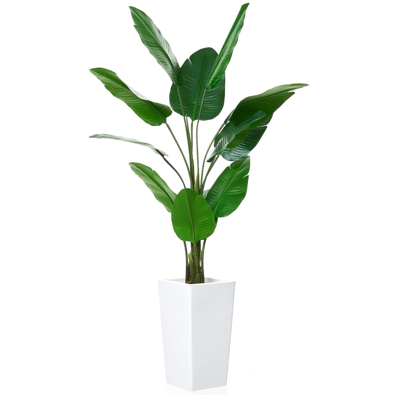 4.65ft Tall Artificial Banana Tree Plant Suitable for Home, Patio, Office - Realistic Faux Bird of Paradise with Banana Leaves & White Planter, Indoor\u002FOutdoor Low-Maintenance Tropical Floor Decor, Fake Tree for Housewarming Gift