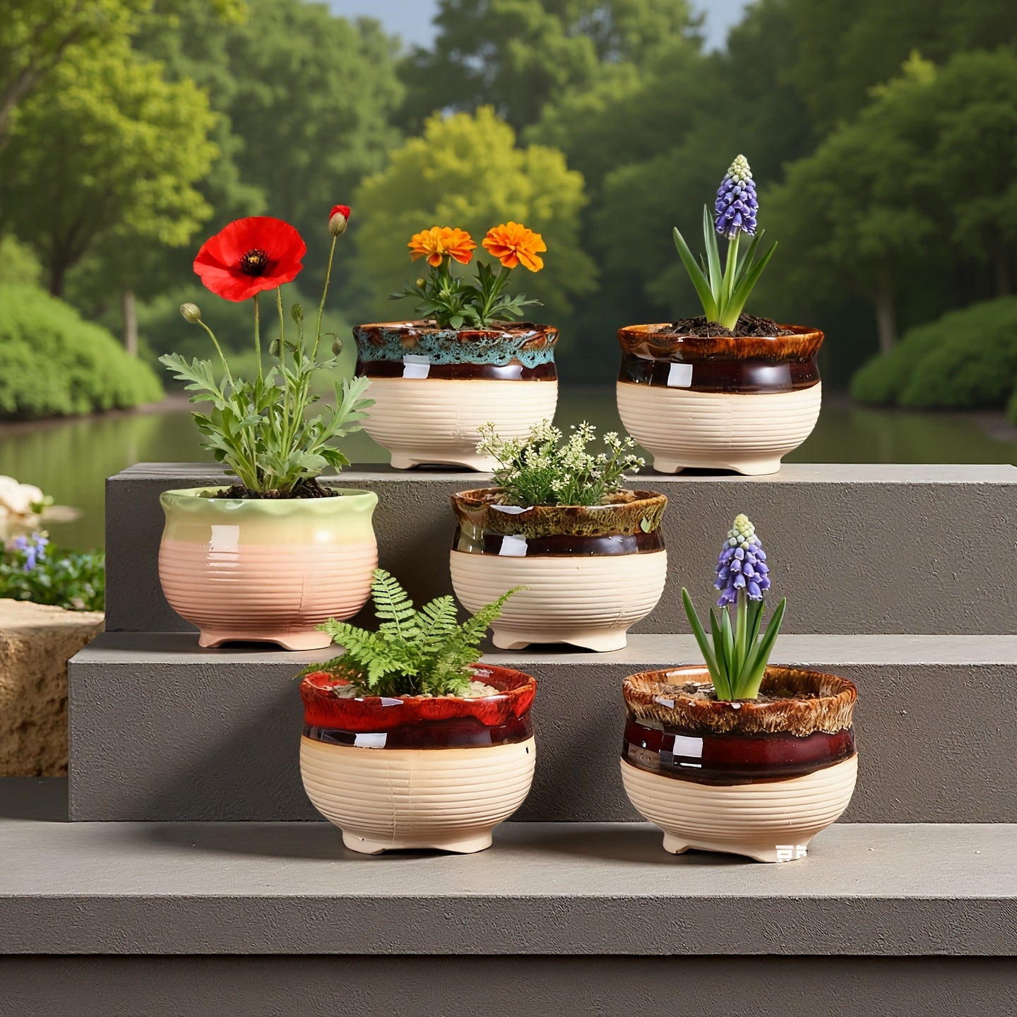6pcs Handmade Ceramic Vase with Drainage Holes - Color-Block Striped Glazed Planters Suitable for \u002FOutdoor Use, Modern Round Pots for Succulents, Herbs, Flowers - Polished Ceramic Vases with Drainage (6pcs Set)