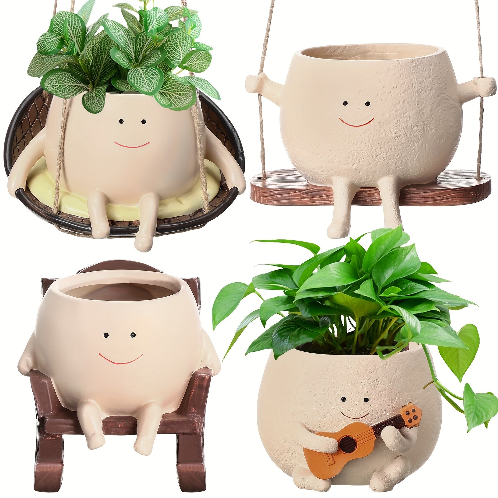 4 Pack Smile Face Ceramic Planter Pot | Small Hanging Swinging Planter Cute Holder for Indoor and Outdoor Plants, Funny Swing Gifts, Lightweight, Unfinished, Tabletop Mounting, Flowers Compatible - MEONUM