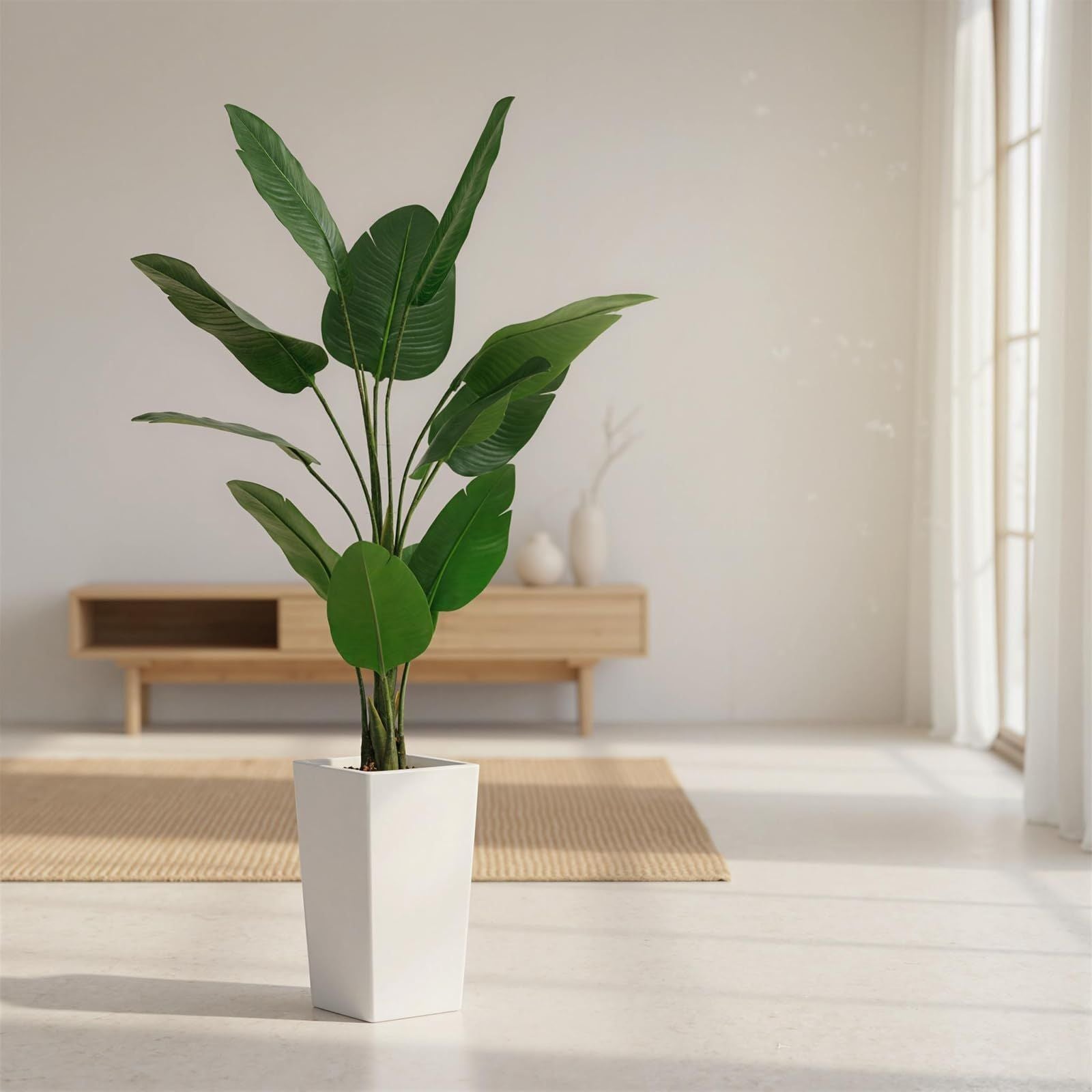 4.65ft Tall Artificial Banana Tree Plant Suitable for Home, Patio, Office - Realistic Faux Bird of Paradise with Banana Leaves & White Planter, Indoor\u002FOutdoor Low-Maintenance Tropical Floor Decor, Fake Tree for Housewarming Gift
