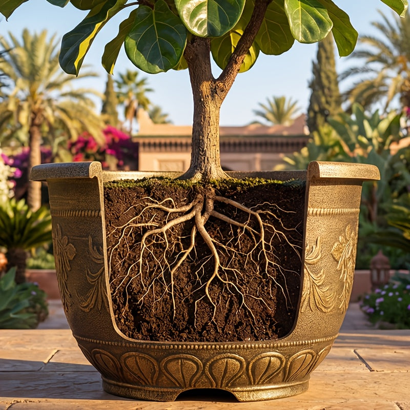 Set Of 2- 23 Inches Resin Flower Pots With Drainage Holes, Gardening Watering Planter, Painted With Thick And Durable European Antique Bronze Color Flower Pots, Outdoors\u002FIndoors Garden Decoration Pots, Bonsai Pots, Square Nursery Pots