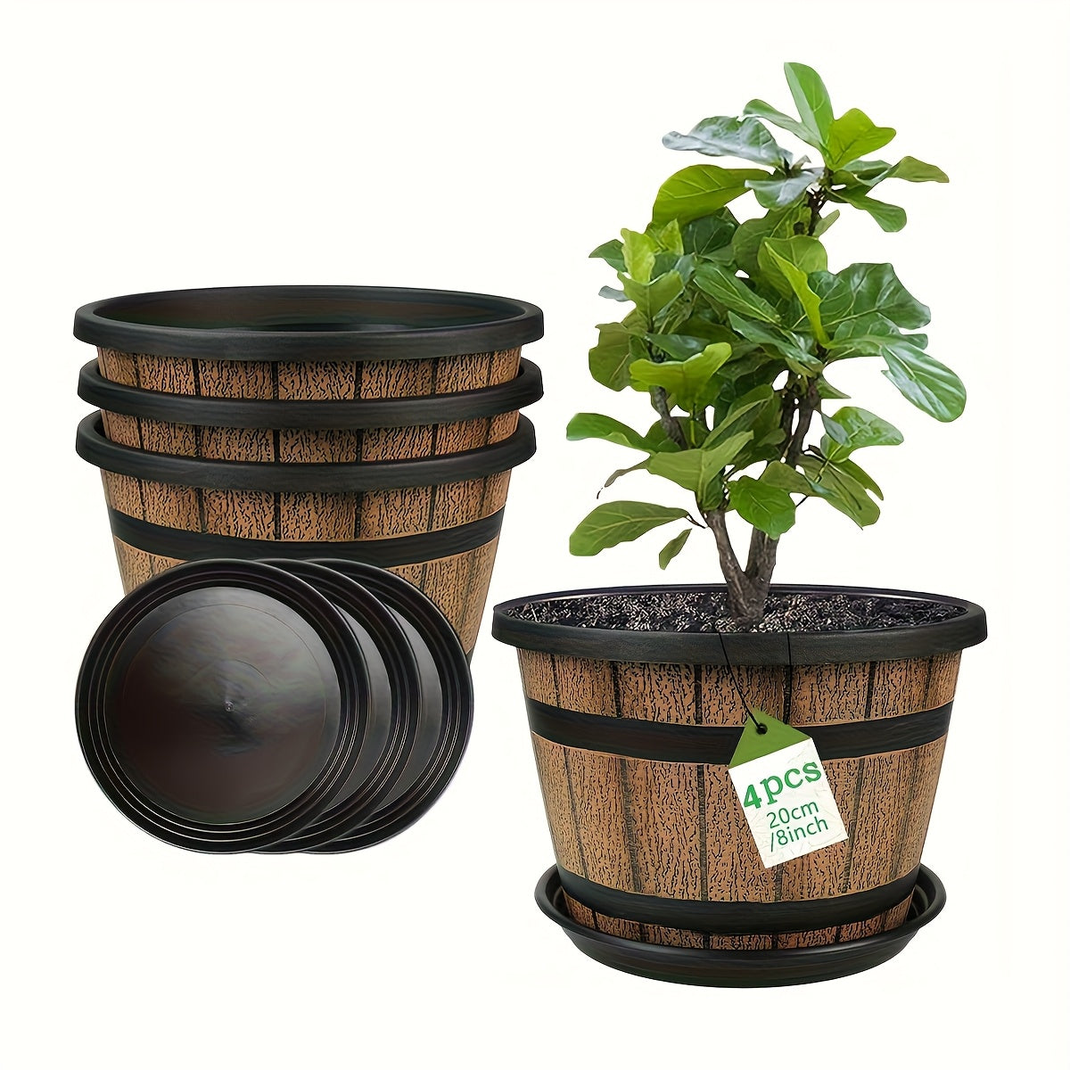 4pcs Rustic Whiskey Barrel Planter Set with Saucers - Vintage Resin Indoor\u002FOutdoor Flower Pots with Drainage Holes, Realistic Wood Grain Barrel Planters for Herbs, Succulents, Flowers (Brown Imitation Wood)