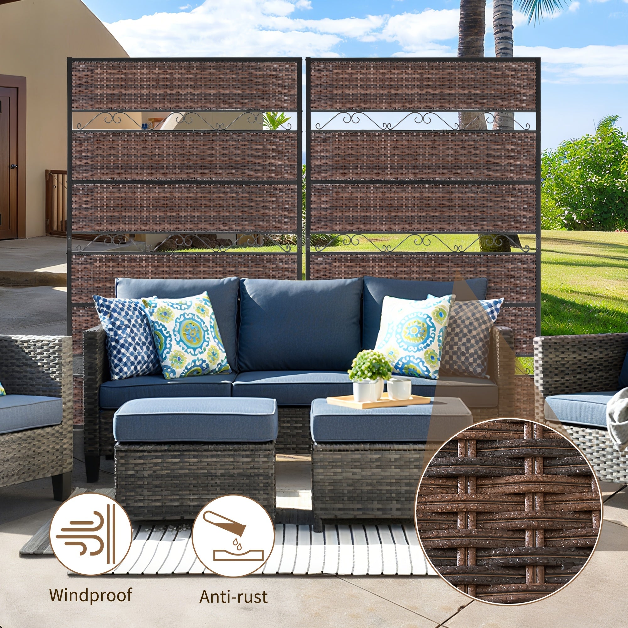 6-Foot Outdoor Privacy Barrier, Stylish Fence, Standalone Woven Rattan Partition for Patio, Balcony, Garden, Backyard, Deck, Porch, in Brown Color