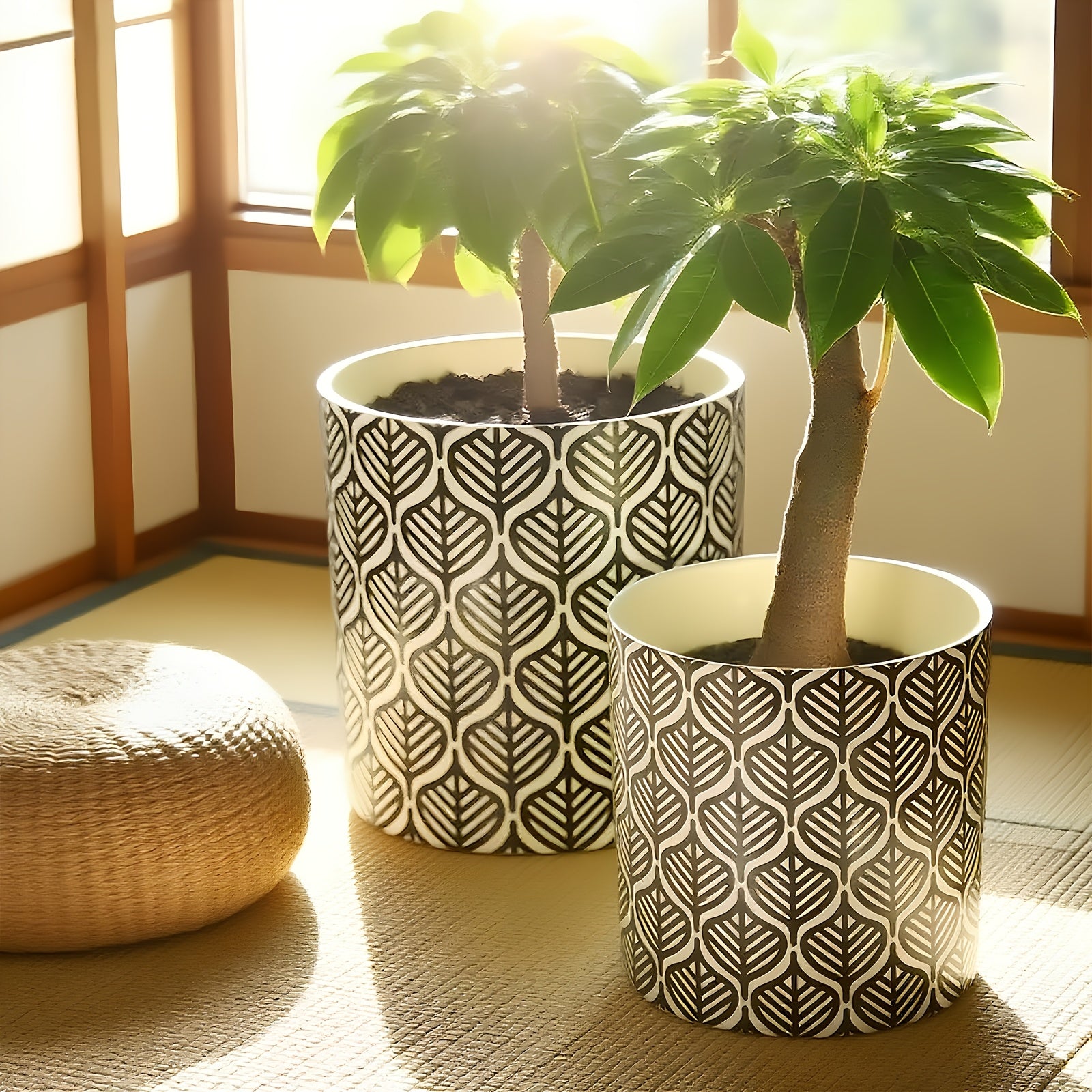 Garden 2pcs Planter Set, 3 Styles (triangle Leaf\u002Fline Patterns, Yellowish\u002Fblack). Small (7.09\
