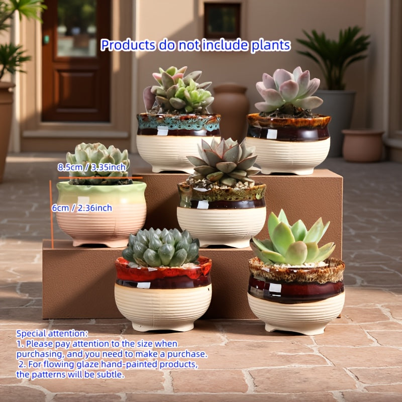 6pcs Handmade Ceramic Vase with Drainage Holes - Color-Block Striped Glazed Planters Suitable for \u002FOutdoor Use, Modern Round Pots for Succulents, Herbs, Flowers - Polished Ceramic Vases with Drainage (6pcs Set)