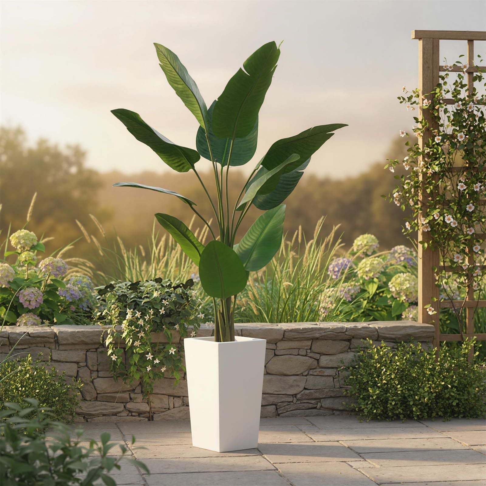 4.65ft Tall Artificial Banana Tree Plant Suitable for Home, Patio, Office - Realistic Faux Bird of Paradise with Banana Leaves & White Planter, Indoor\u002FOutdoor Low-Maintenance Tropical Floor Decor, Fake Tree for Housewarming Gift