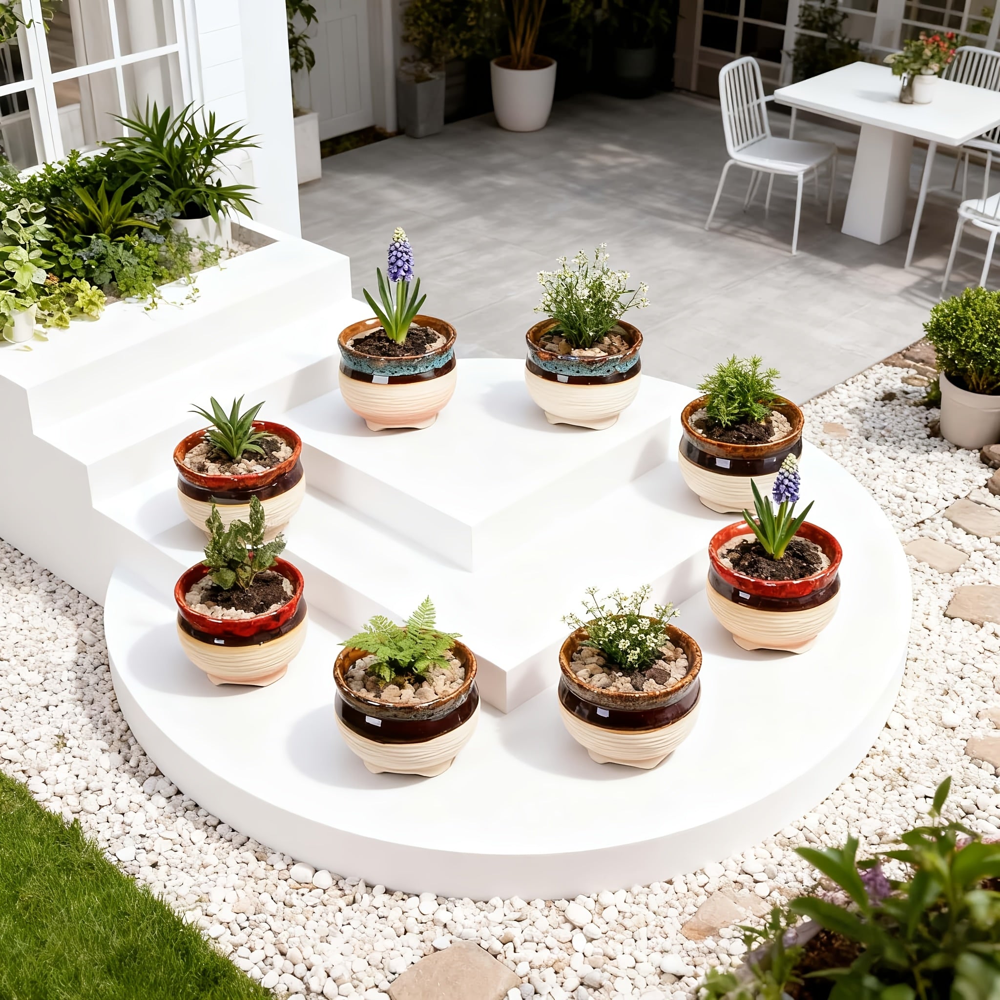 6pcs Handmade Ceramic Vase with Drainage Holes - Color-Block Striped Glazed Planters Suitable for \u002FOutdoor Use, Modern Round Pots for Succulents, Herbs, Flowers - Polished Ceramic Vases with Drainage (6pcs Set)