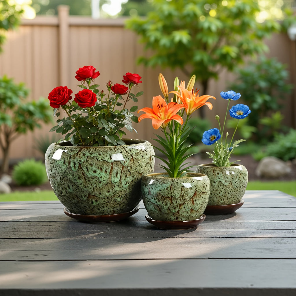 High-end Artisanal Handmade Crackled Moss Glaze Ceramic Flower Pot Set Of Three - Luxury Handcrafted Textured High-end Planter for Foliage And Orchids