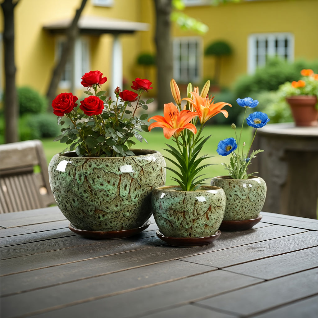 High-end Artisanal Handmade Crackled Moss Glaze Ceramic Flower Pot Set Of Three - Luxury Handcrafted Textured High-end Planter for Foliage And Orchids