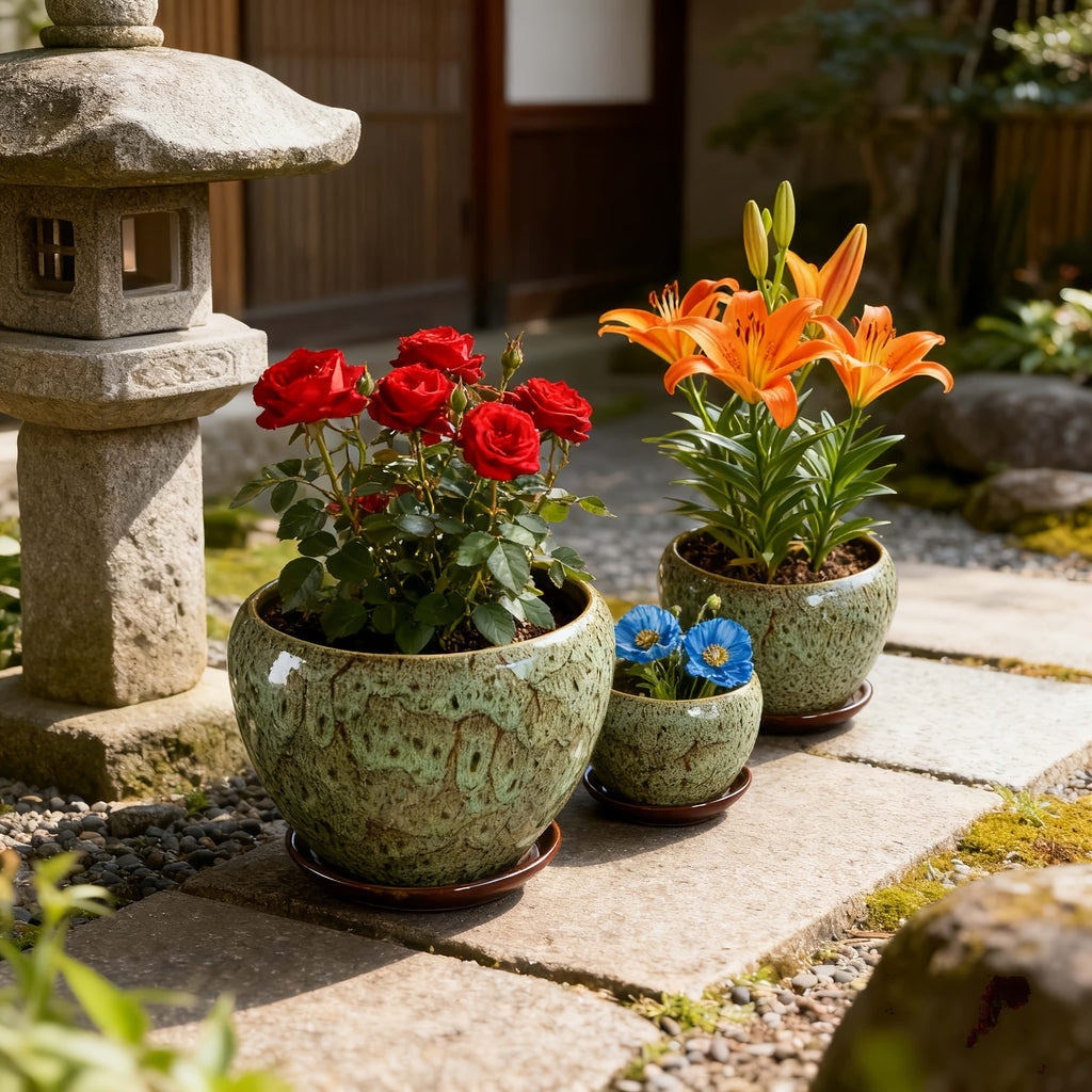 High-end Artisanal Handmade Crackled Moss Glaze Ceramic Flower Pot Set Of Three - Luxury Handcrafted Textured High-end Planter for Foliage And Orchids