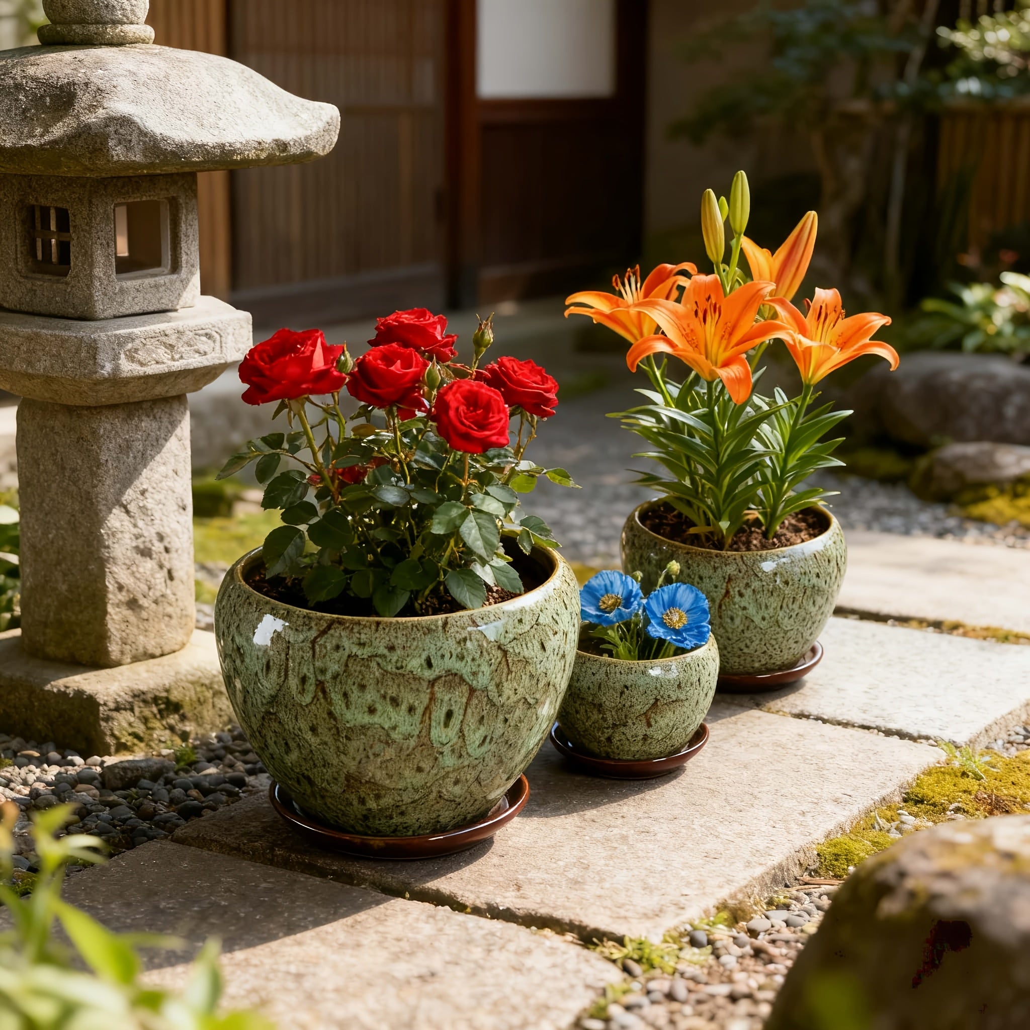High-end Artisanal Handmade Crackled Moss Glaze Ceramic Flower Pot Set Of Three - Luxury Handcrafted Textured High-end Planter for Foliage And Orchids