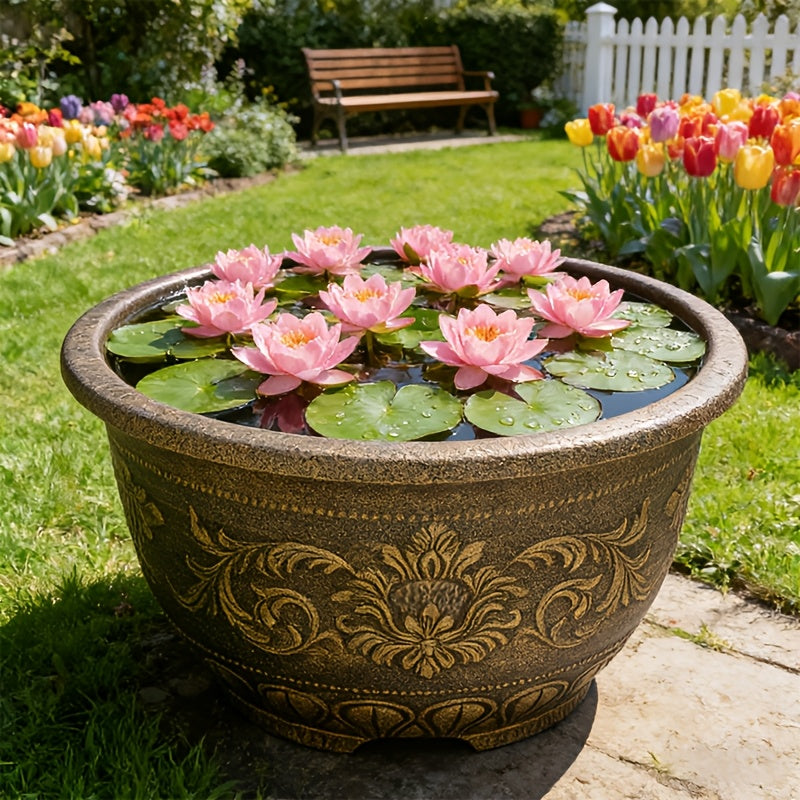 Set Of 2- 23 Inches Resin Flower Pots With Drainage Holes, Gardening Watering Planter, Painted With Thick And Durable European Antique Bronze Color Flower Pots, Outdoors\u002FIndoors Garden Decoration Pots, Bonsai Pots, Square Nursery Pots
