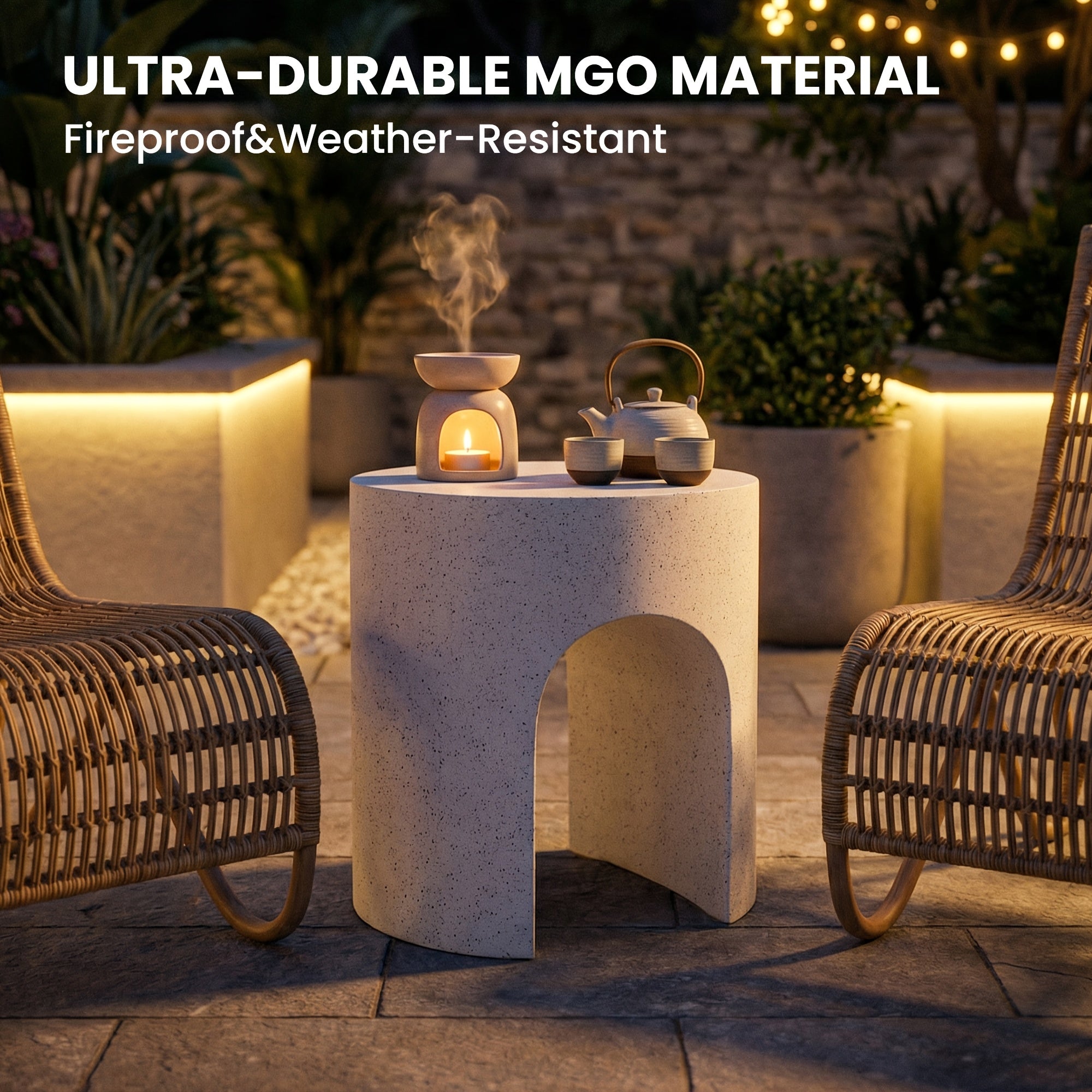 Modern Arched Hollow Table, 16-Inch Minimalist Terrazzo Texture Magnesium Side Table, Round Coffee Table with a Sculptural Feel for Garden And Living Room, Weather-Resistant Concrete Aesthetic Decorative Table, Speckled White\u002FGray