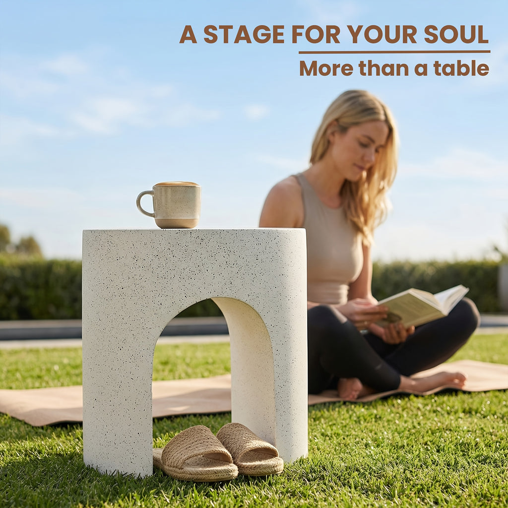 Modern Arched Hollow Table, 16-Inch Minimalist Terrazzo Texture Magnesium Side Table, Round Coffee Table with a Sculptural Feel for Garden And Living Room, Weather-Resistant Concrete Aesthetic Decorative Table, Speckled White\u002FGray
