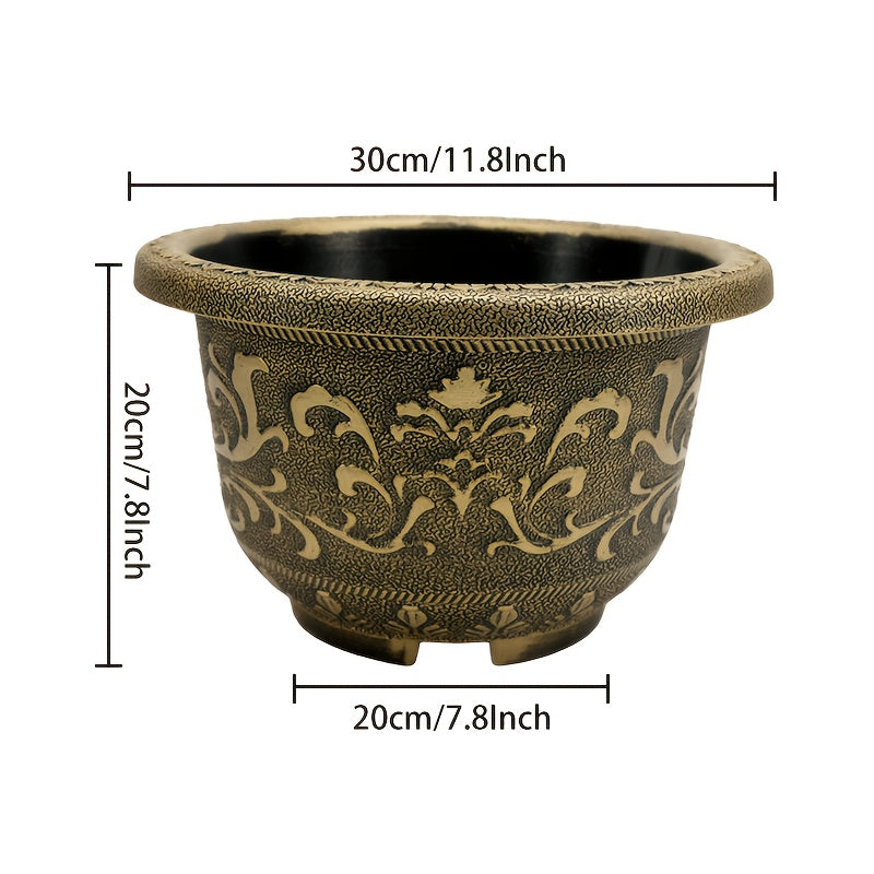 4pcs 11.8in Thickened Resin Planter Pots | 2025 European Design with Ancient Copper\u002FGolden Finish & Drainage Holes | for Indoor\u002FOutdoor Trees, Succulents, Cactus